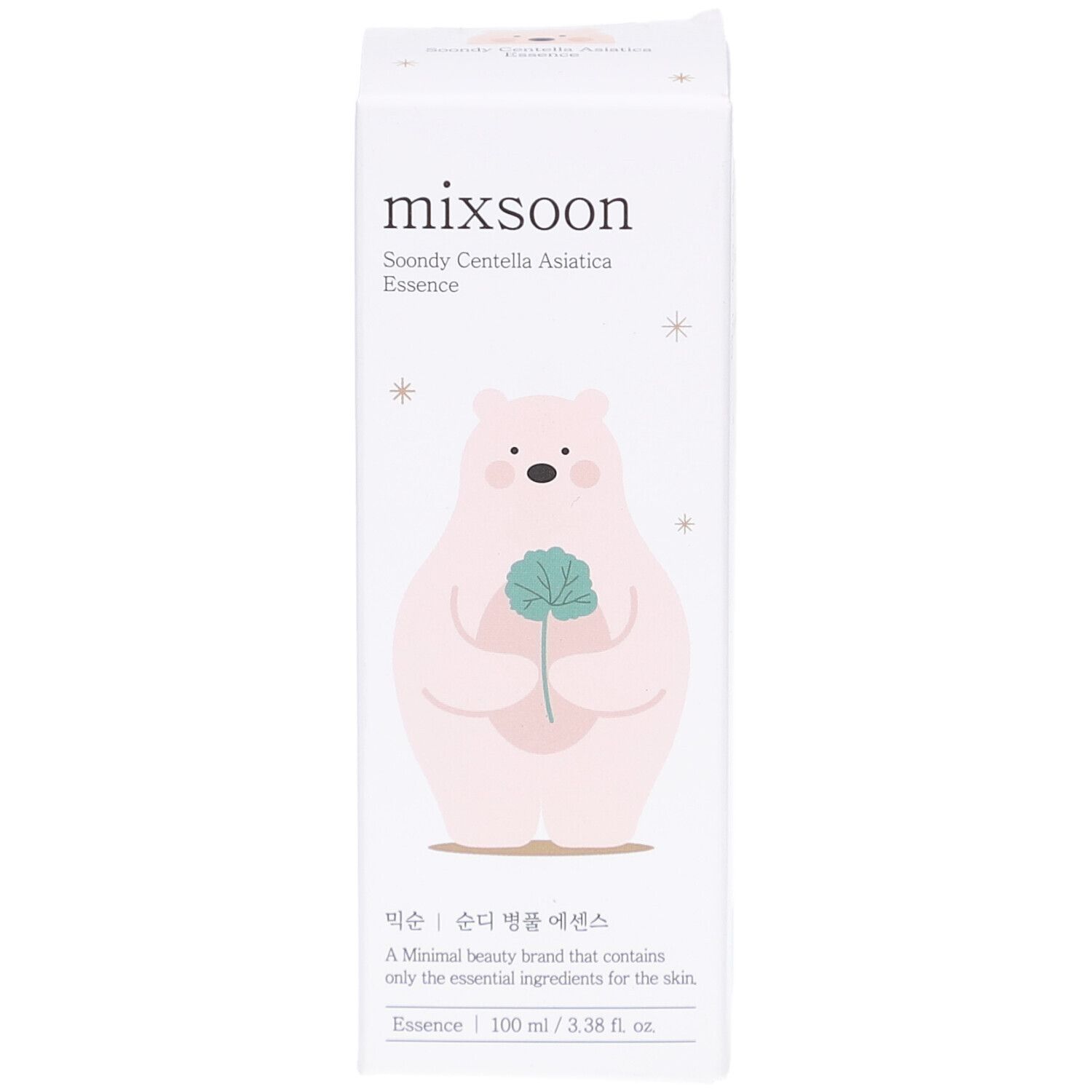Weiße Box mit Bär-Illustration. Text: mixsoon, Soondy Centella Asiatica Essence. 100 ml.