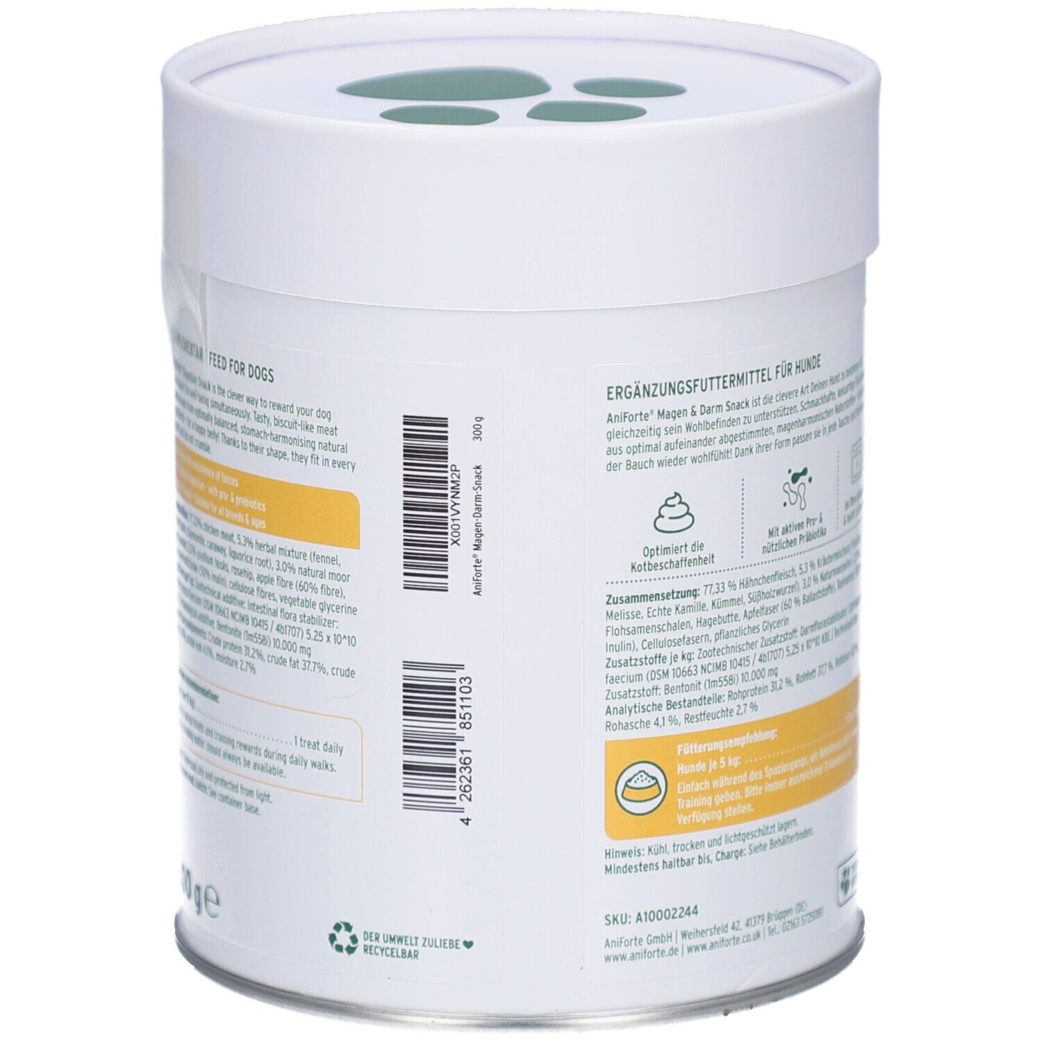 Dose mit gelbem Etikett. Text: Ergänzungsfuttermittel für Hunde. Barcode und Informationen zur Zusammensetzung und Fütterungsempfehlung.