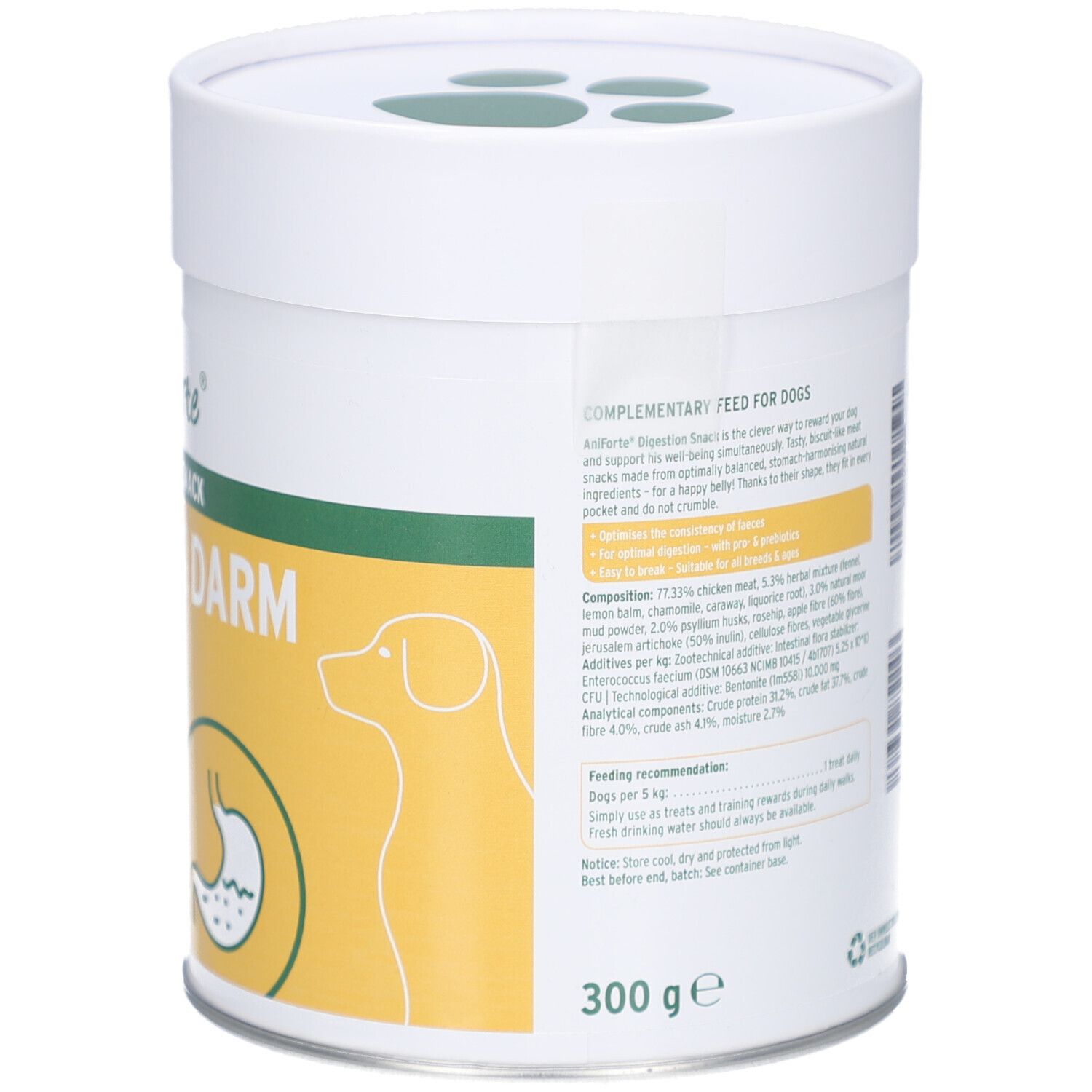 Dose mit gelbem Etikett. Text: Ergänzungsfuttermittel für Hunde. Rückseite mit Inhaltsstoffen, Fütterungsempfehlung und 300g.