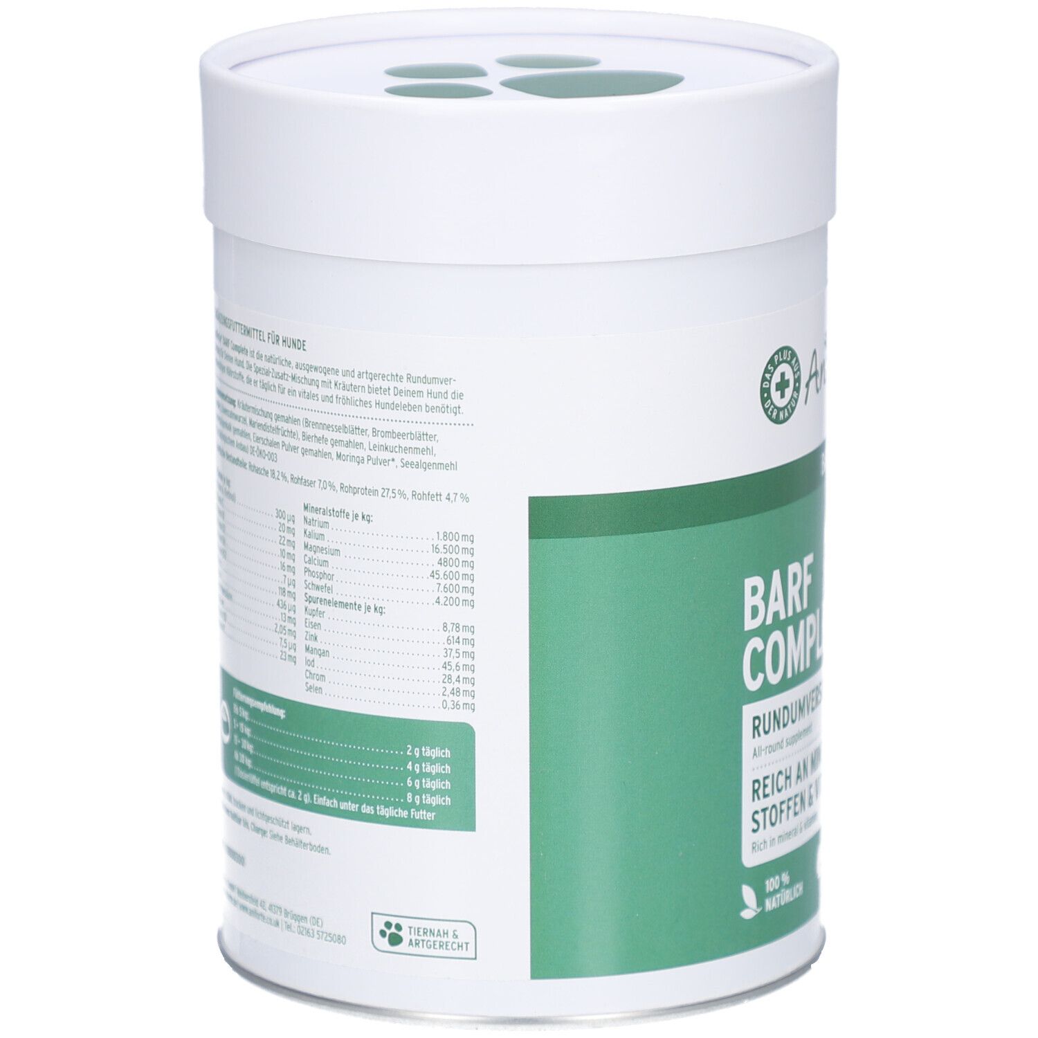 Rückseite der Dose mit Inhaltsangaben und Nährwerttabelle. Text in deutscher Sprache. Weiß-grünes Design.