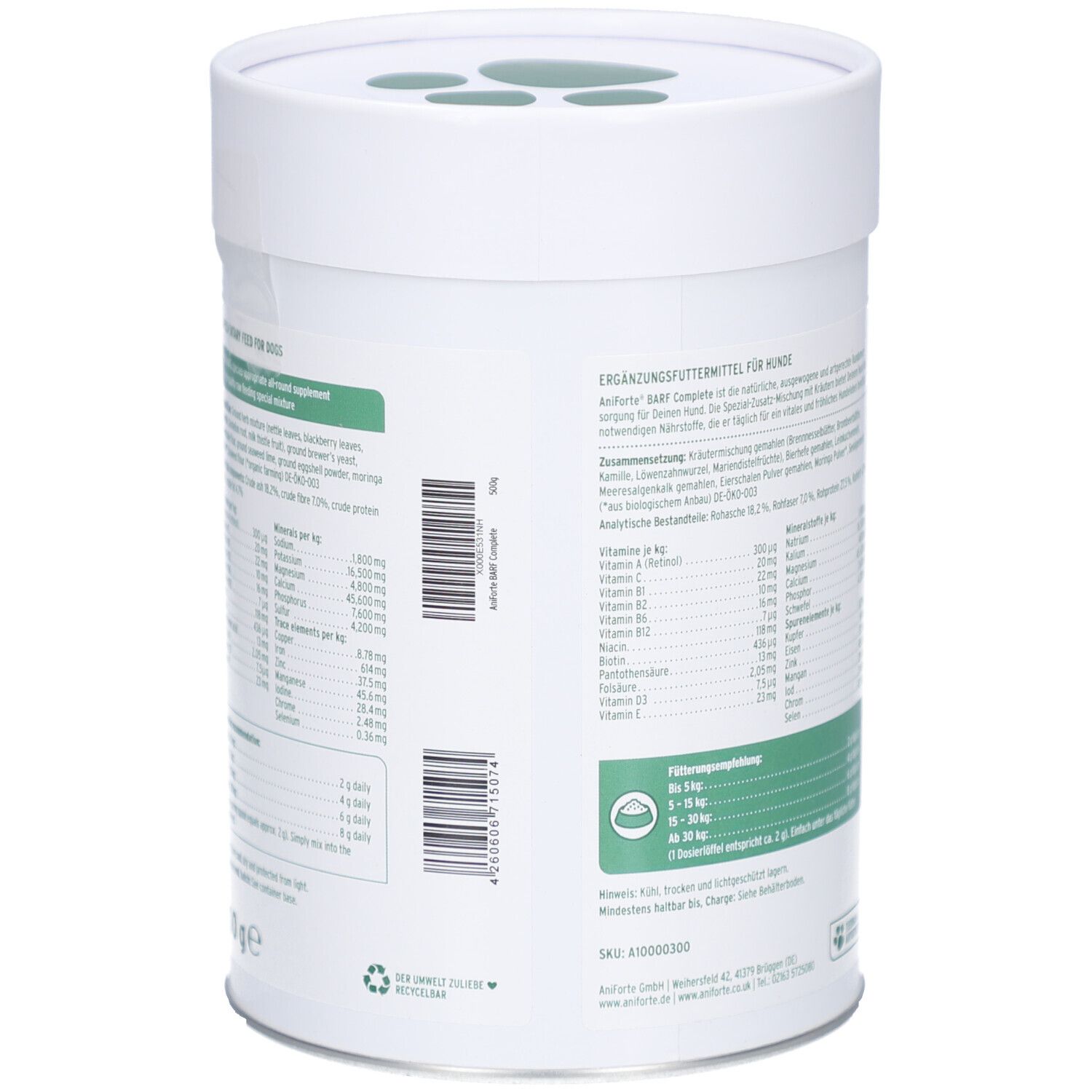 Rückseite der Dose mit Inhaltsangaben und Nährwerttabelle. Barcode. Text in deutscher Sprache. Weiß-grünes Design.