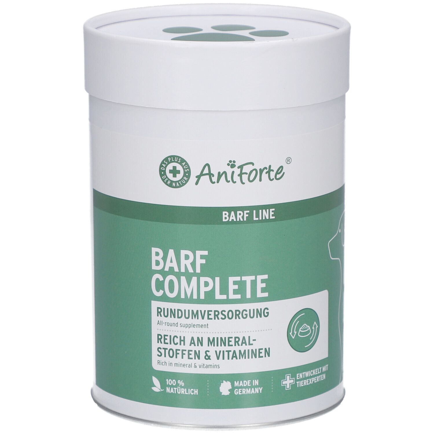 Weiß-grüne Dose mit Deckel. Aufschrift AniForte, BARF COMPLETE, reich an Mineralstoffen & Vitaminen. Hundesilhouette.