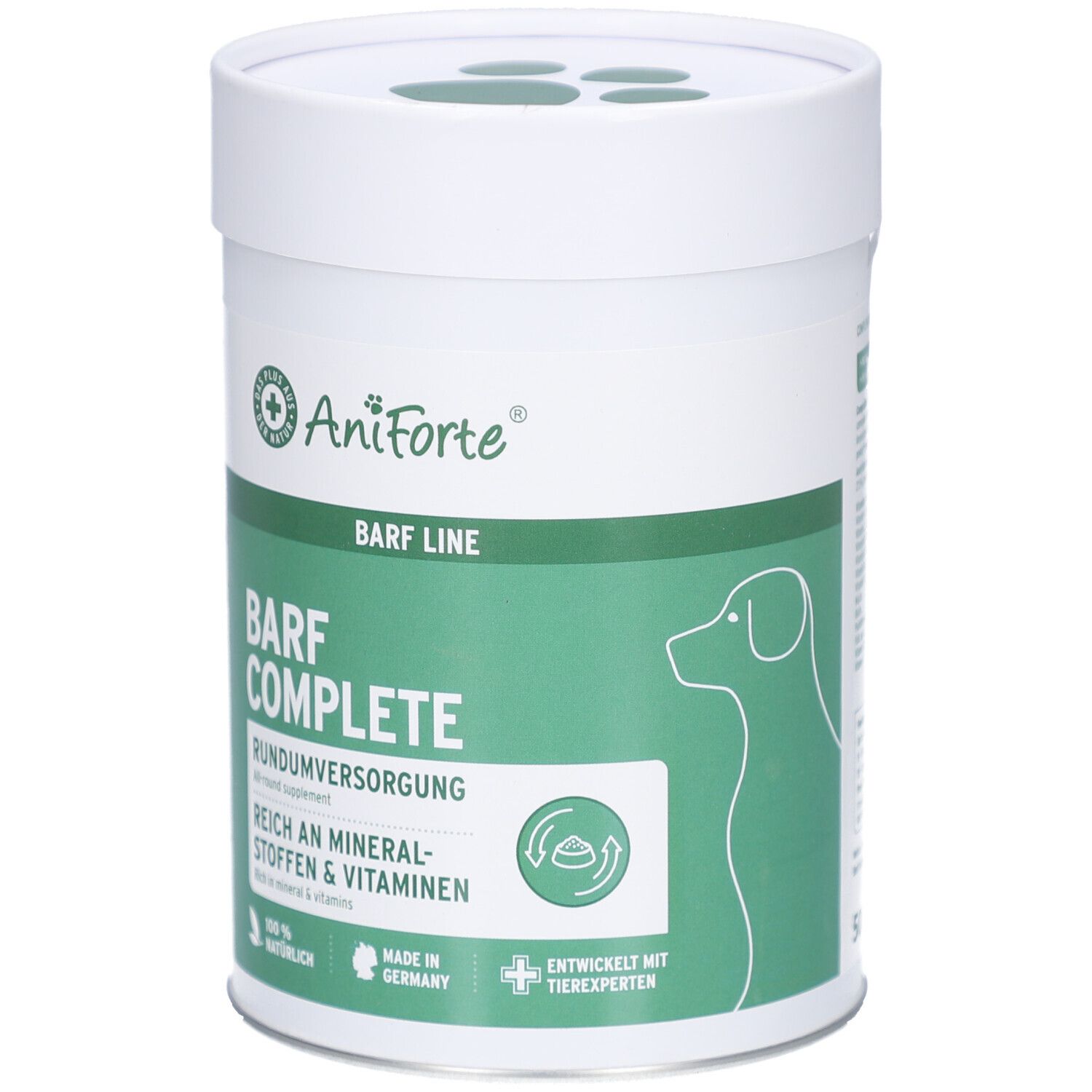 Weiß-grüne Dose mit Deckel. Aufschrift AniForte, BARF COMPLETE, reich an Mineralstoffen & Vitaminen. Hundesilhouette.