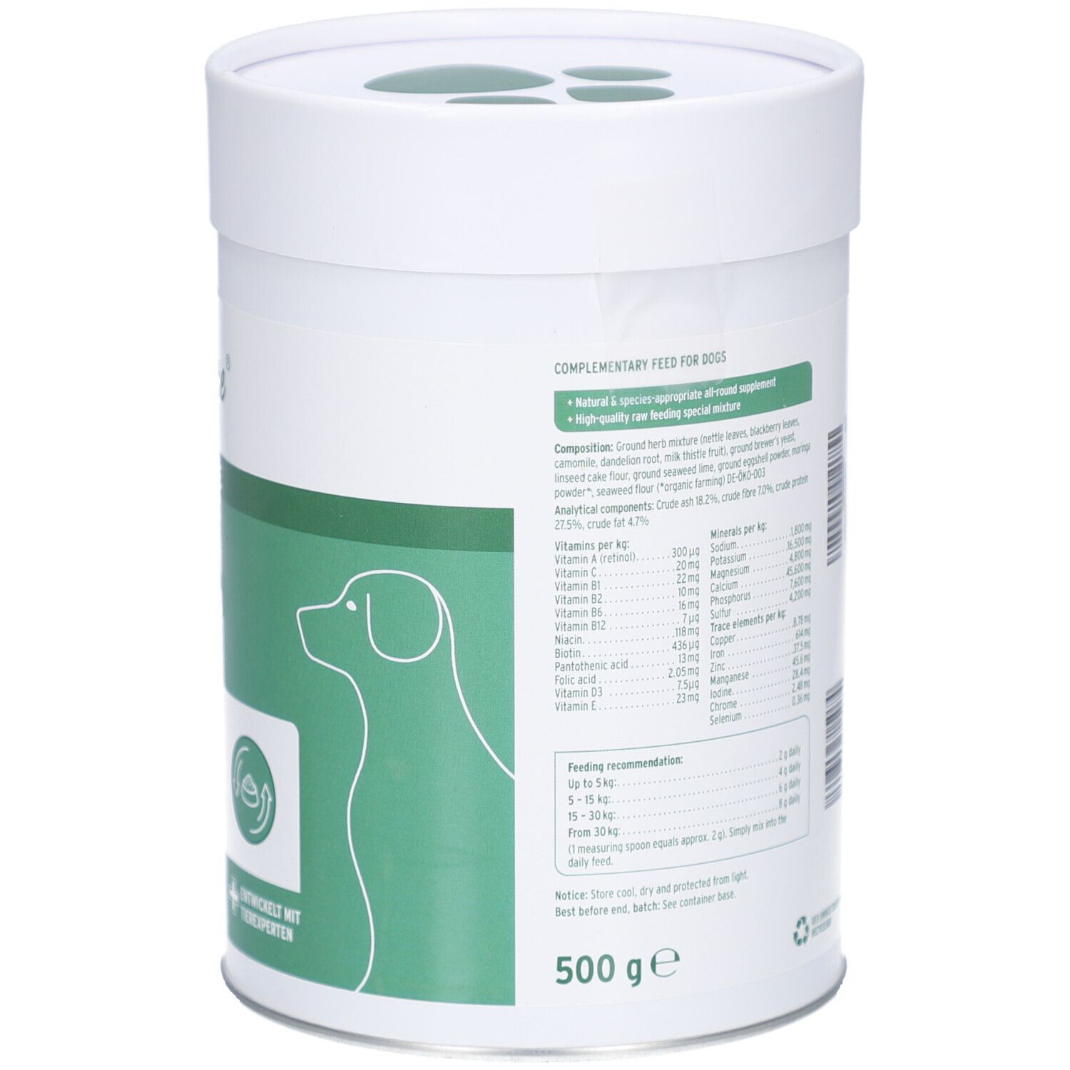 Rückseite der Dose mit Inhaltsangaben und Nährwerttabelle. Text in deutscher Sprache. 500g. Weiß-grünes Design.