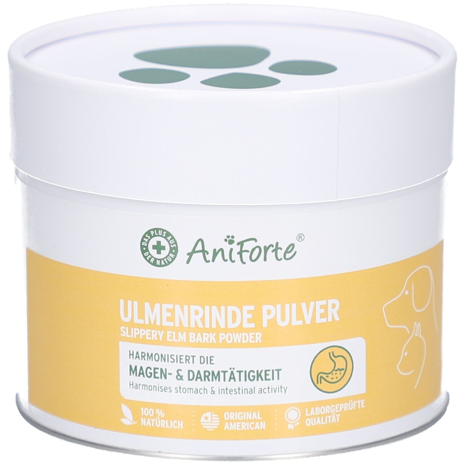 Weiß-gelbe Dose mit AniForte Ulmenrinde Pulver. Text: Harmonisiert Magen- & Darmtätigkeit. Mit Pfoten-Logo.