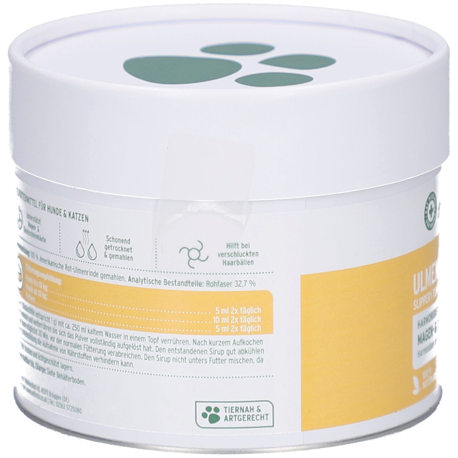 Rückseite der Dose mit Text und Informationen. Enthält Angaben zur Fütterung und Inhaltsstoffe. Mit Siegeln.