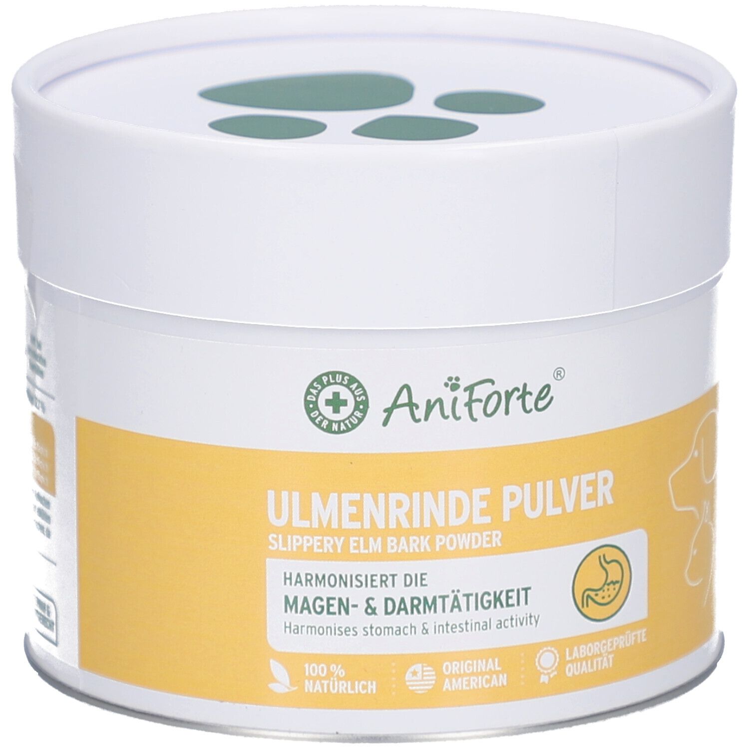 Weiß-gelbe Dose mit AniForte Ulmenrinde Pulver. Text: Harmonisiert Magen- & Darmtätigkeit. Mit Pfoten-Logo.
