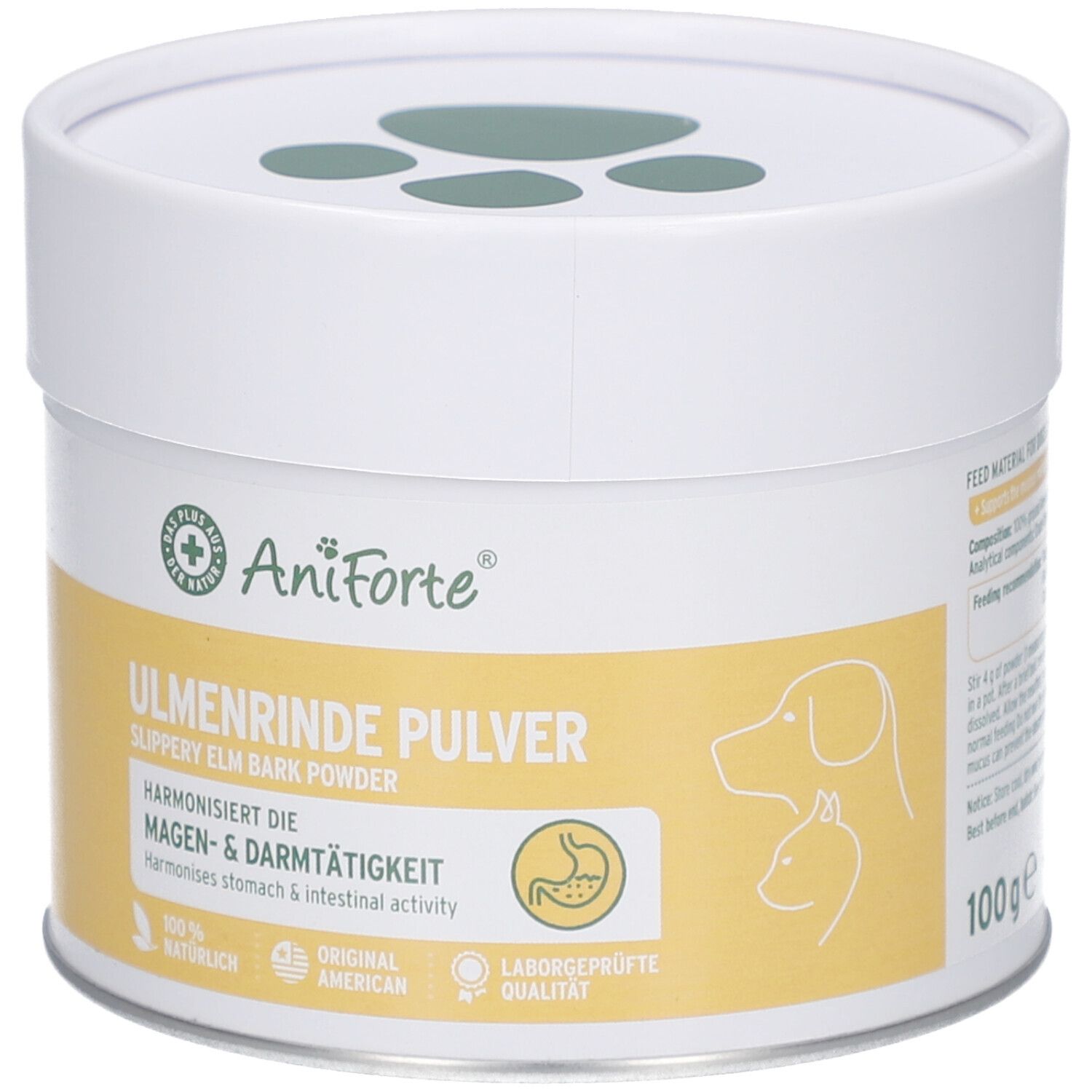 Weiß-gelbe Dose mit AniForte Ulmenrinde Pulver. Text: Harmonisiert Magen- & Darmtätigkeit. Mit Pfoten-Logo.