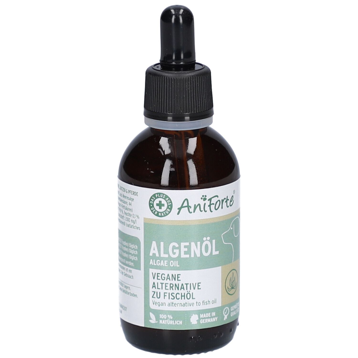 Braune Glasflasche mit schwarzem Deckel und Pipette. Aufschrift: Algenöl, vegane Alternative zu Fischöl. Marke AniForte.