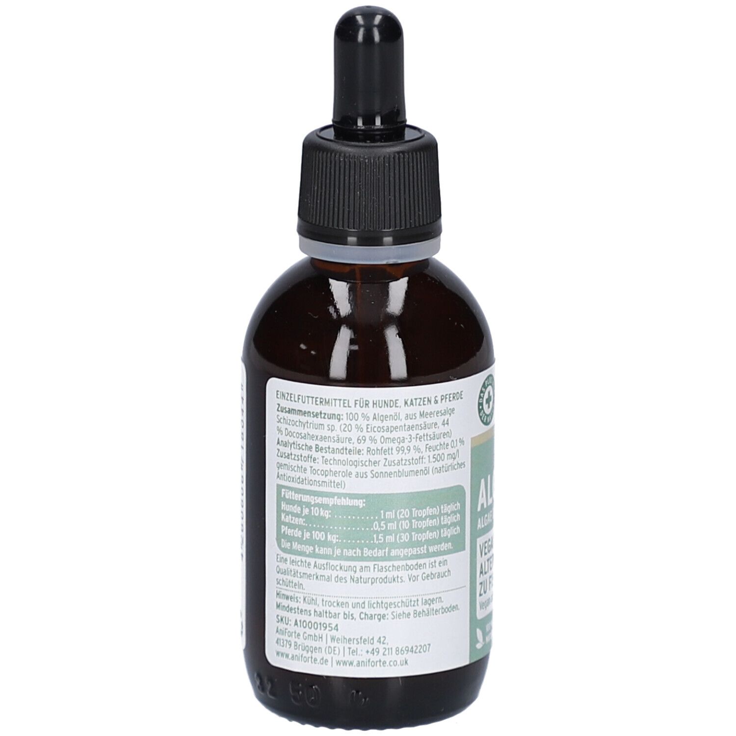Rückseite der braunen Glasflasche mit Etikett. Text: Zusammensetzung, Fütterungsempfehlung, Herstellerinformationen. Marke AniForte.
