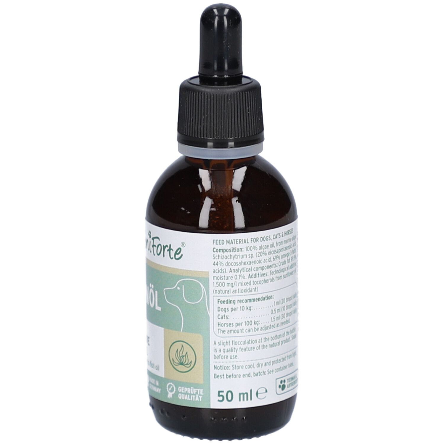 Braune Glasflasche mit schwarzem Deckel und Pipette. Aufschrift: Algenöl, vegane Alternative zu Fischöl. Marke AniForte. 50 ml.