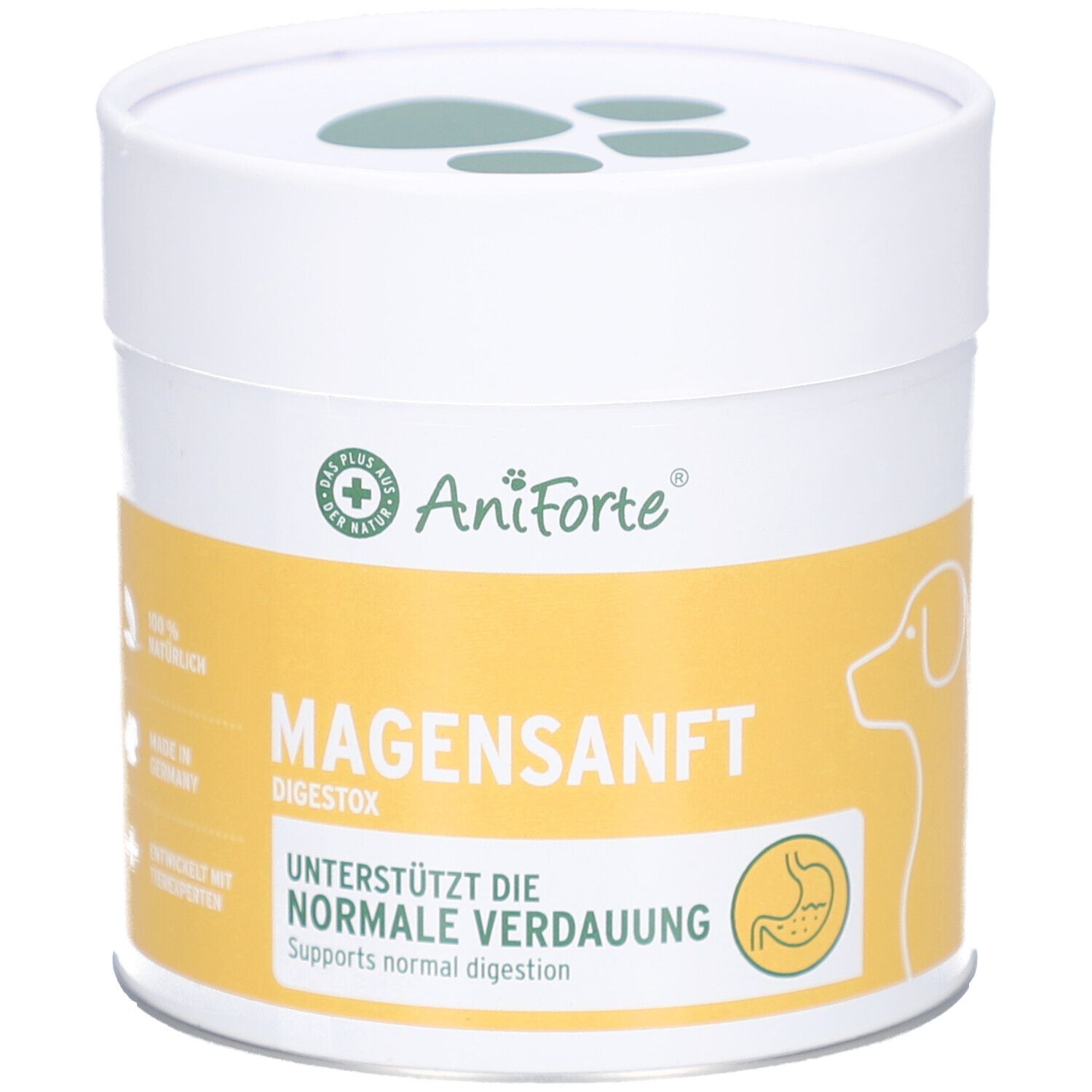 Weiß-gelbe Dose mit Deckel. Aufschrift: AniForte, MAGENSANFT DIGESTOX, unterstützt die normale Verdauung. Hundesilhouette.