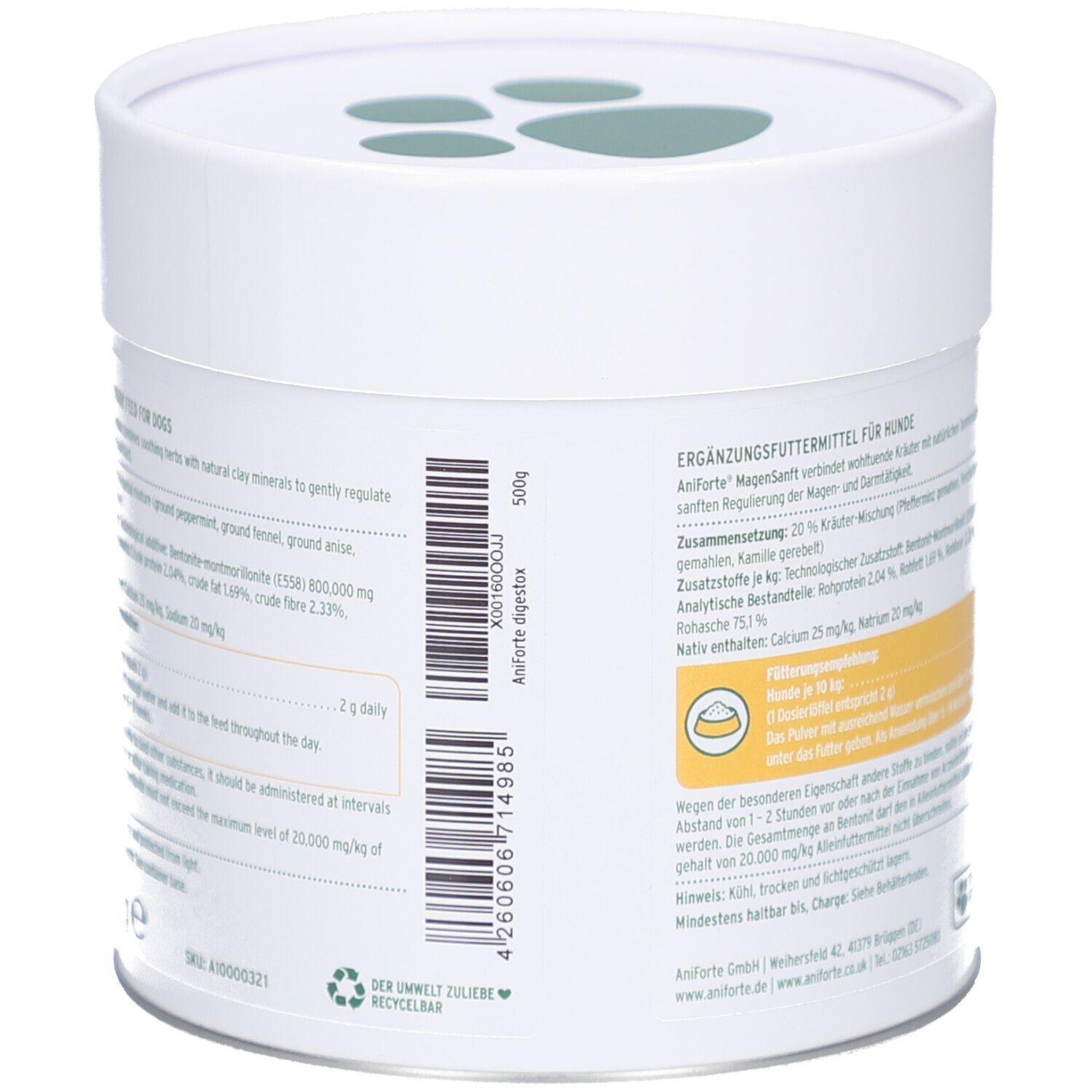 Rückseite der Dose. Text mit Inhaltsangaben und Barcode. Aufschrift: AniForte MagenSanft Digestox. 500g.