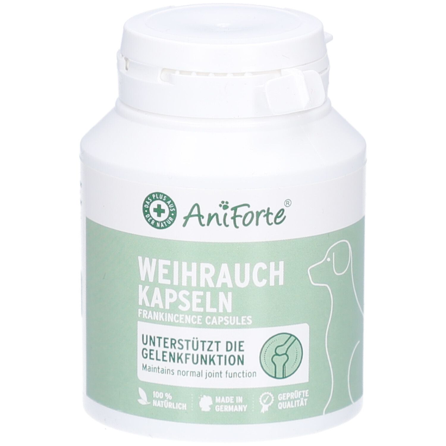 Weiße Flasche mit grünem Etikett. Aufschrift: AniForte, Weihrauch Kapseln, unterstützt die Gelenkfunktion. Mit Hund-Silhouette.