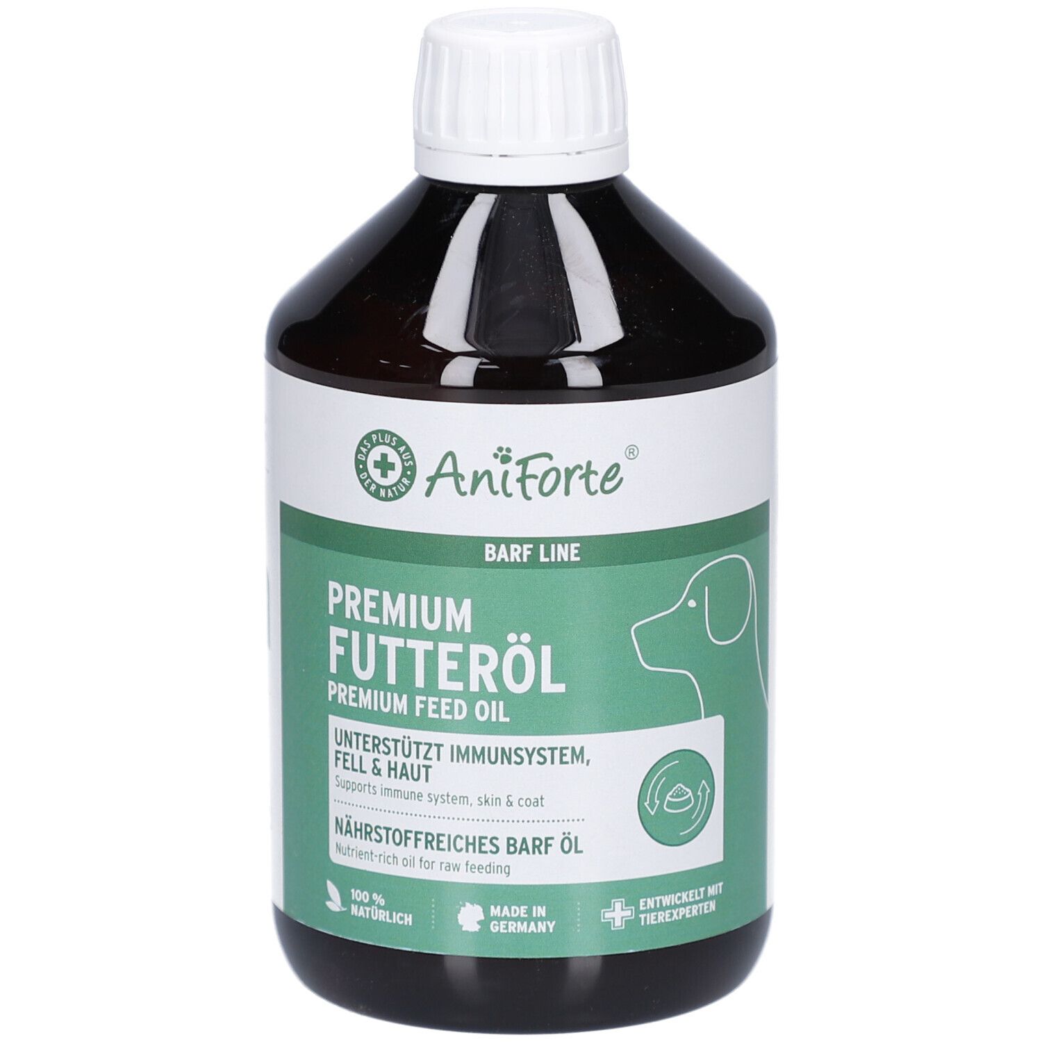 Braune Flasche mit weißem Deckel. Aufschrift: AniForte, Premium Futteröl, unterstützt Immunsystem, Fell & Haut.