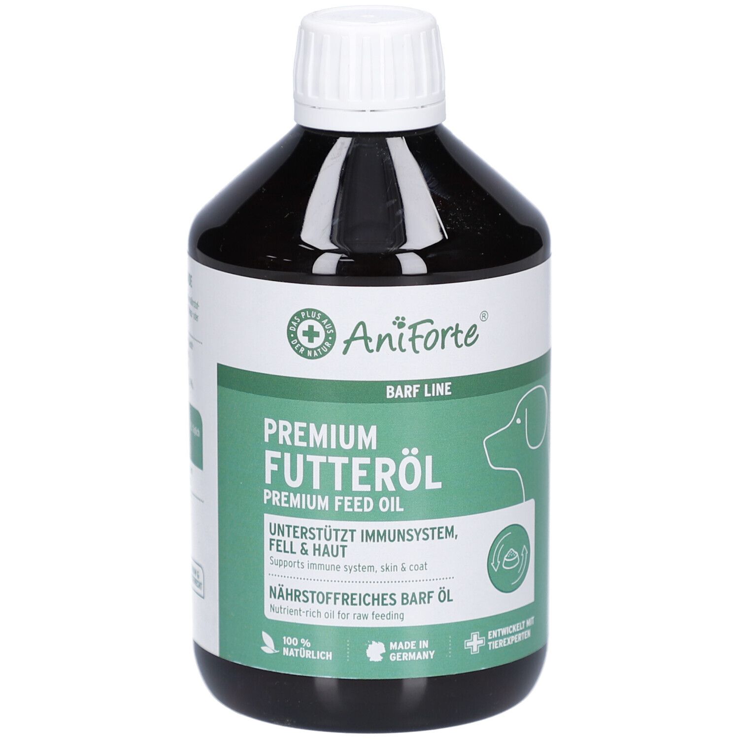 Braune Flasche mit weißem Deckel. Aufschrift: AniForte, Premium Futteröl, unterstützt Immunsystem, Fell & Haut.