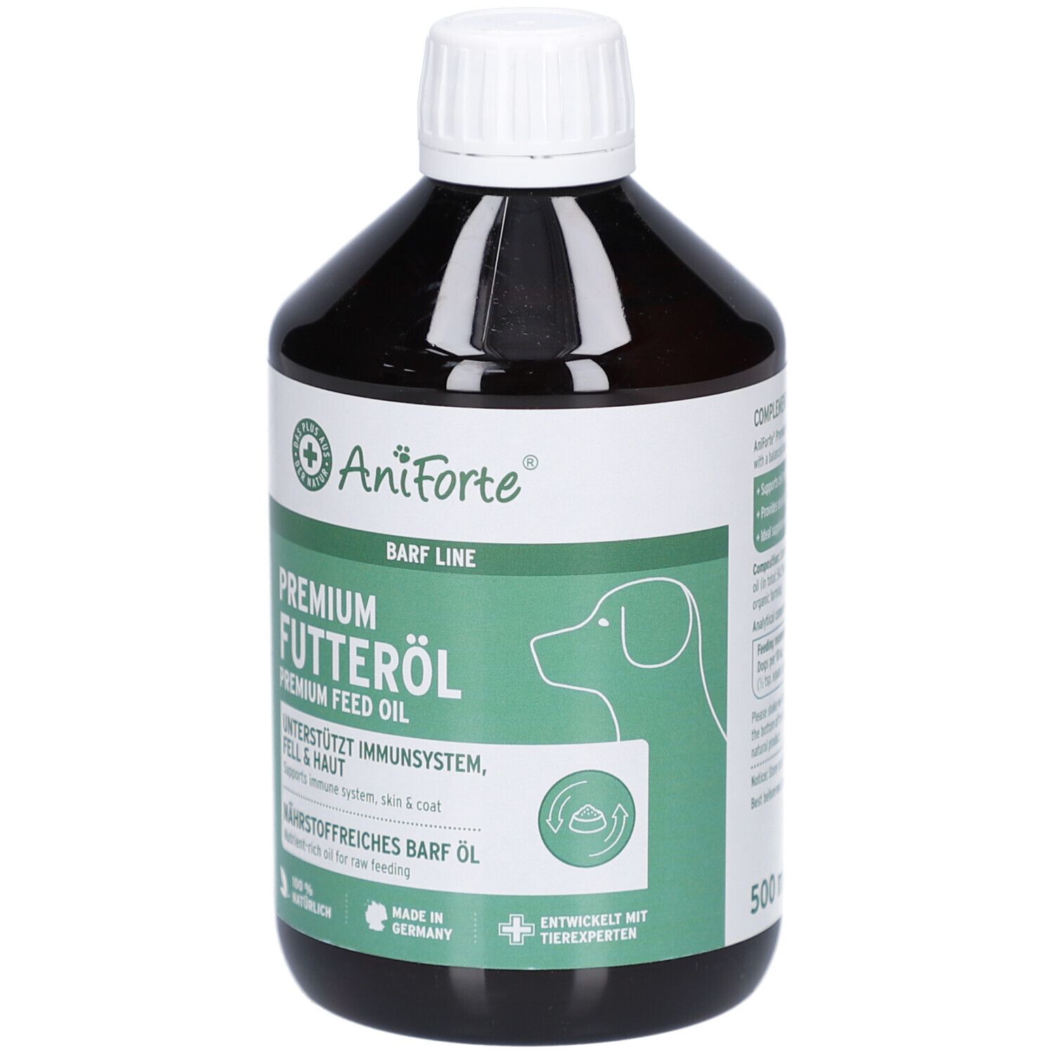 Braune Flasche mit weißem Deckel. Aufschrift: AniForte, Premium Futteröl, unterstützt Immunsystem, Fell & Haut.