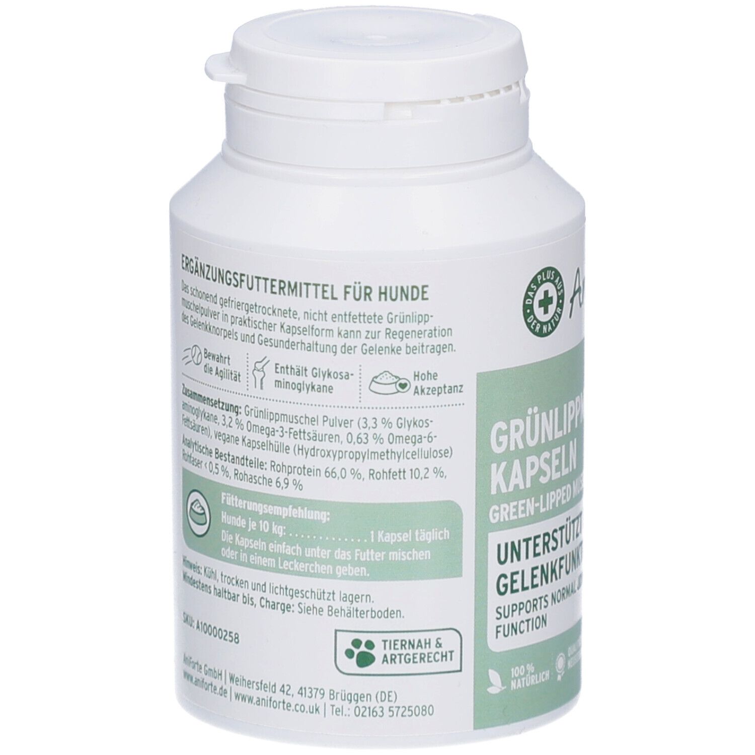 Rückseite der weißen Flasche mit AniForte Grünlippmuschel Kapseln. Text in Deutsch, Inhaltsstoffe, Fütterungsempfehlung.