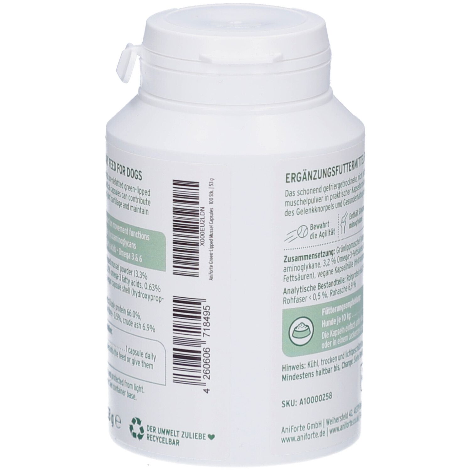 Rückseite der weißen Flasche mit AniForte Grünlippmuschel Kapseln. Text, Inhaltsstoffe, Fütterungsempfehlung, Recycling-Symbol.