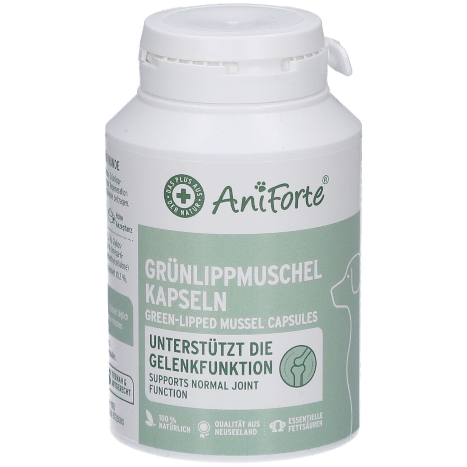 Weiße Flasche mit AniForte Grünlippmuschel Kapseln. Grün-weiße Beschriftung, Hundeskizze, unterstützt Gelenkfunktion.