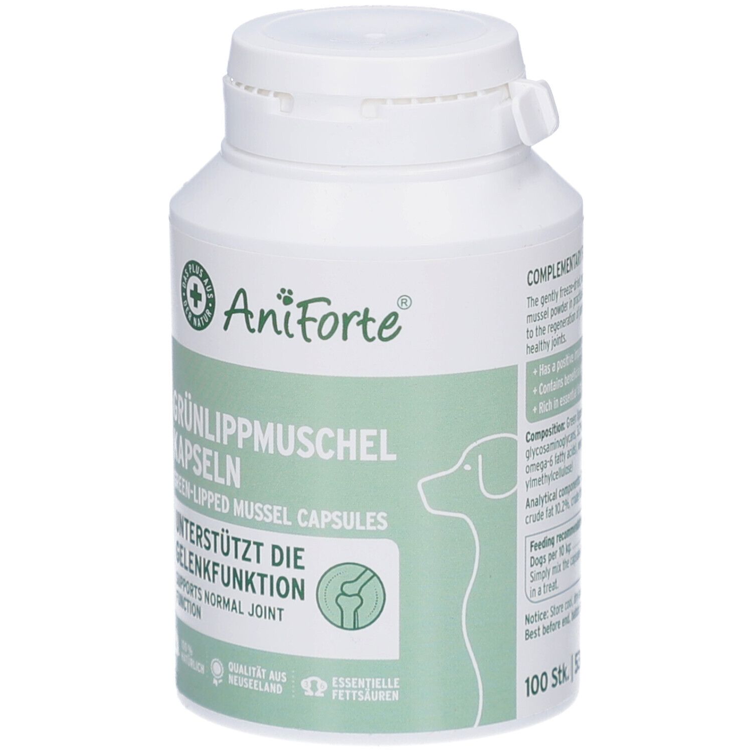 Weiße Flasche AniForte Grünlippmuschel Kapseln. Grün-weiße Beschriftung, Hundeskizze, unterstützt Gelenkfunktion, 100 Stk.