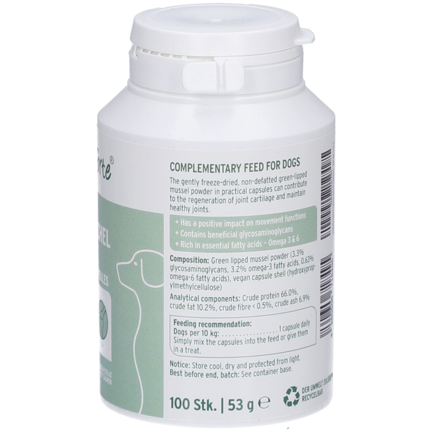 Weiße Flasche mit AniForte-Etikett. Grünlippmuschel Kapseln. 100 Stk. 53 g. Inhaltsstoffe und Fütterungsempfehlung.