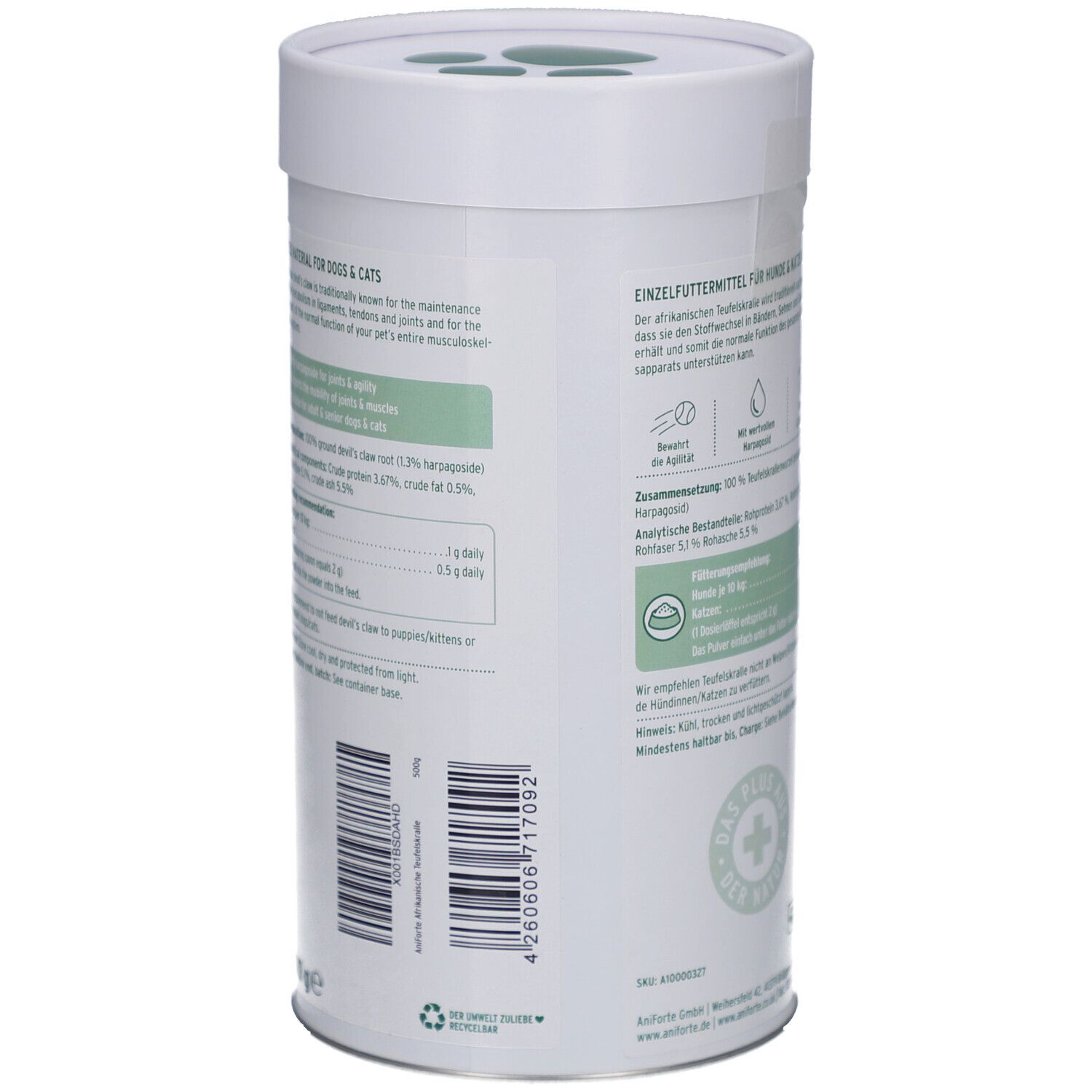 Rückseite der Dose mit Text und Inhaltsangaben. Grün-weiße Farbgebung. Barcode und Recycling-Symbol.