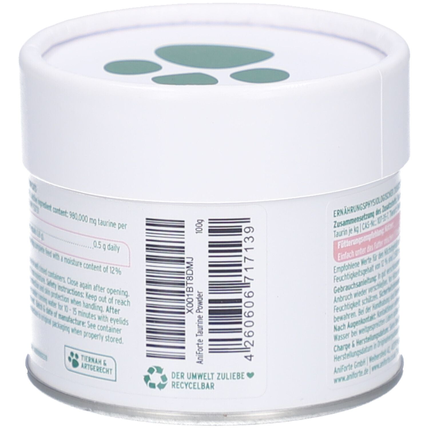 Dose mit Barcode und Text. Enthält Informationen zu Inhaltsstoffen, Dosierung und Lagerung. Grün-weiße Pfoten-Abdrücke auf dem Deckel.