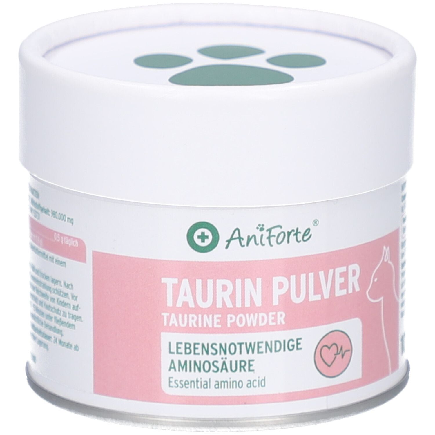 Weiß-rosa Dose mit AniForte Taurin Pulver. Aufschrift: Taurin Pulver, essentielle Aminosäure für Katzen. Grün-weiße Pfoten-Abdrücke auf dem Deckel.