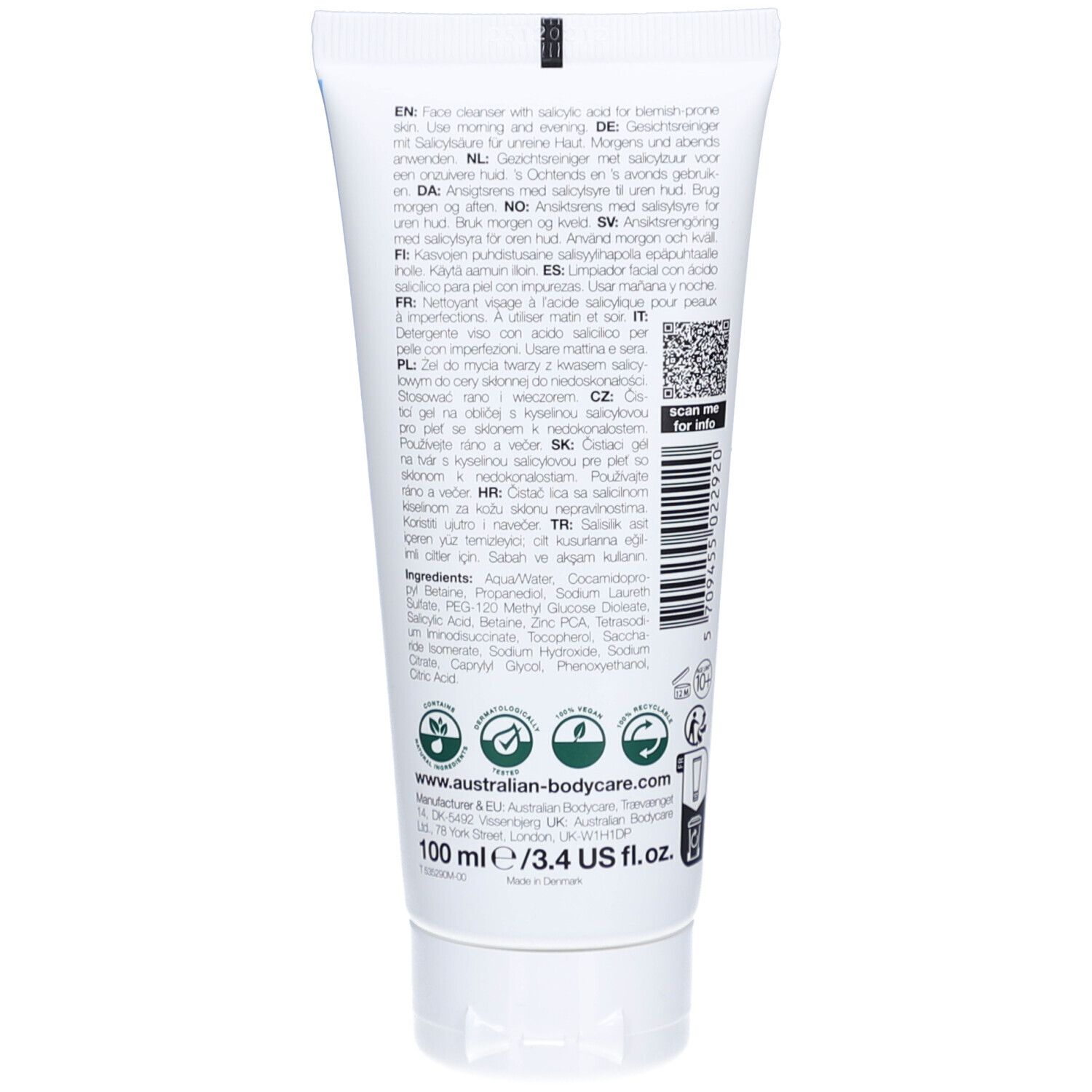 Weiße Tube mit Salicylsäure für unreine Haut, 100 ml.