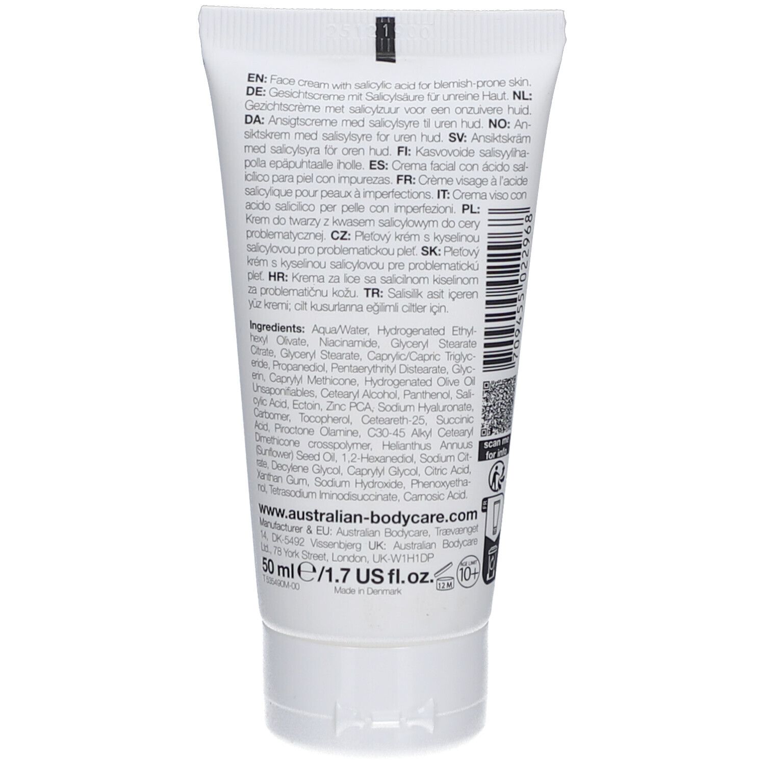 Rückseite der Tube Gesichtscreme. Text mit Inhaltsstoffen und Anwendungshinweisen in mehreren Sprachen. Marke: Australian Bodycare.