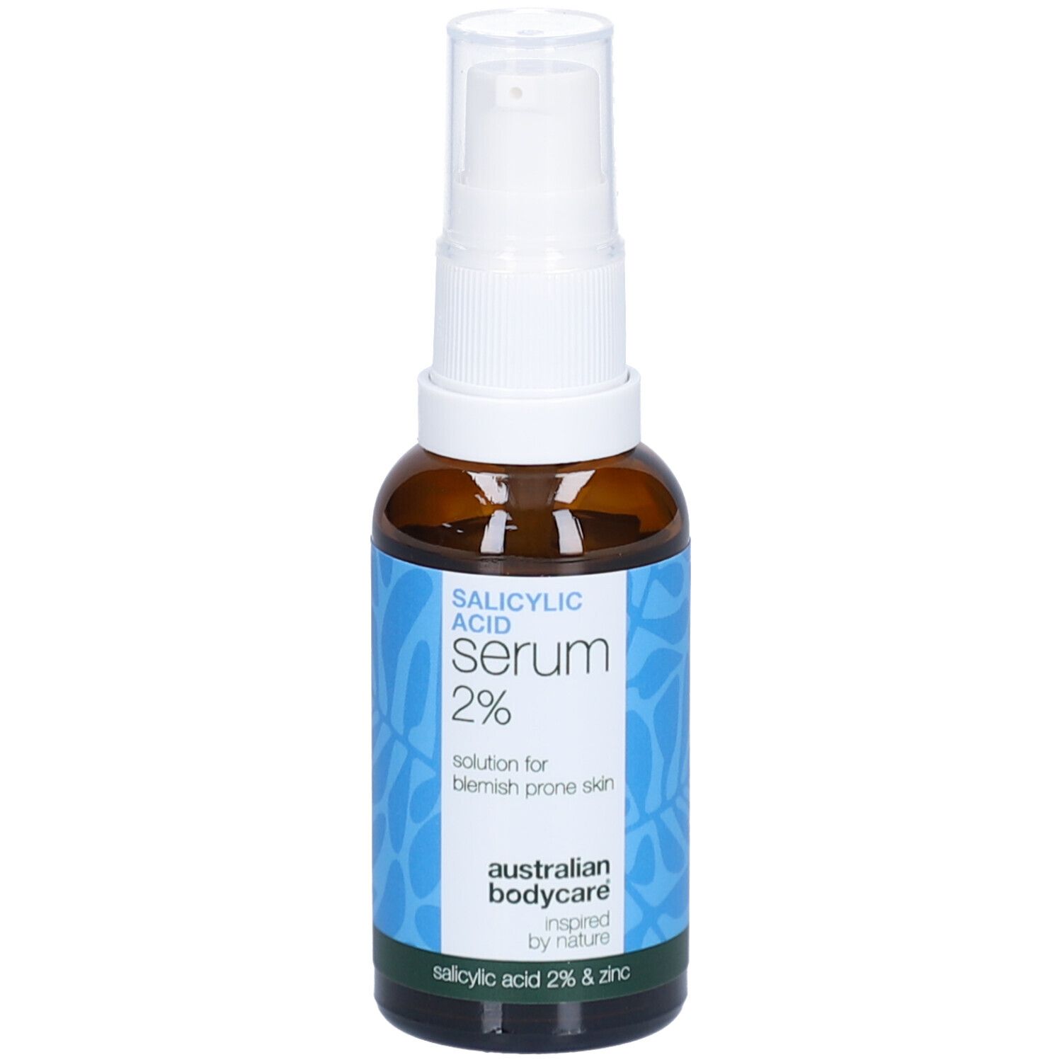 Braune Flasche mit weißem Sprühkopf. Etikett mit Text: Salicylsäure Serum 2%. Marke: Australian Bodycare.