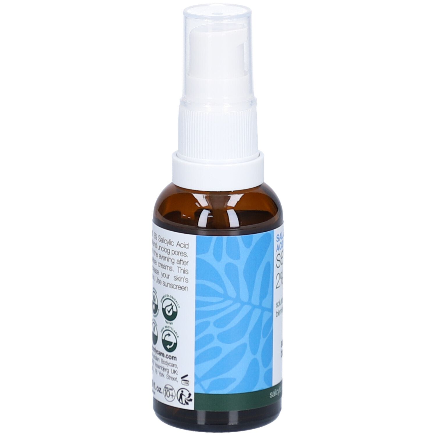 Braune Flasche mit weißem Sprühkopf. Etikett mit Text und Logos. Marke: Australian Bodycare.