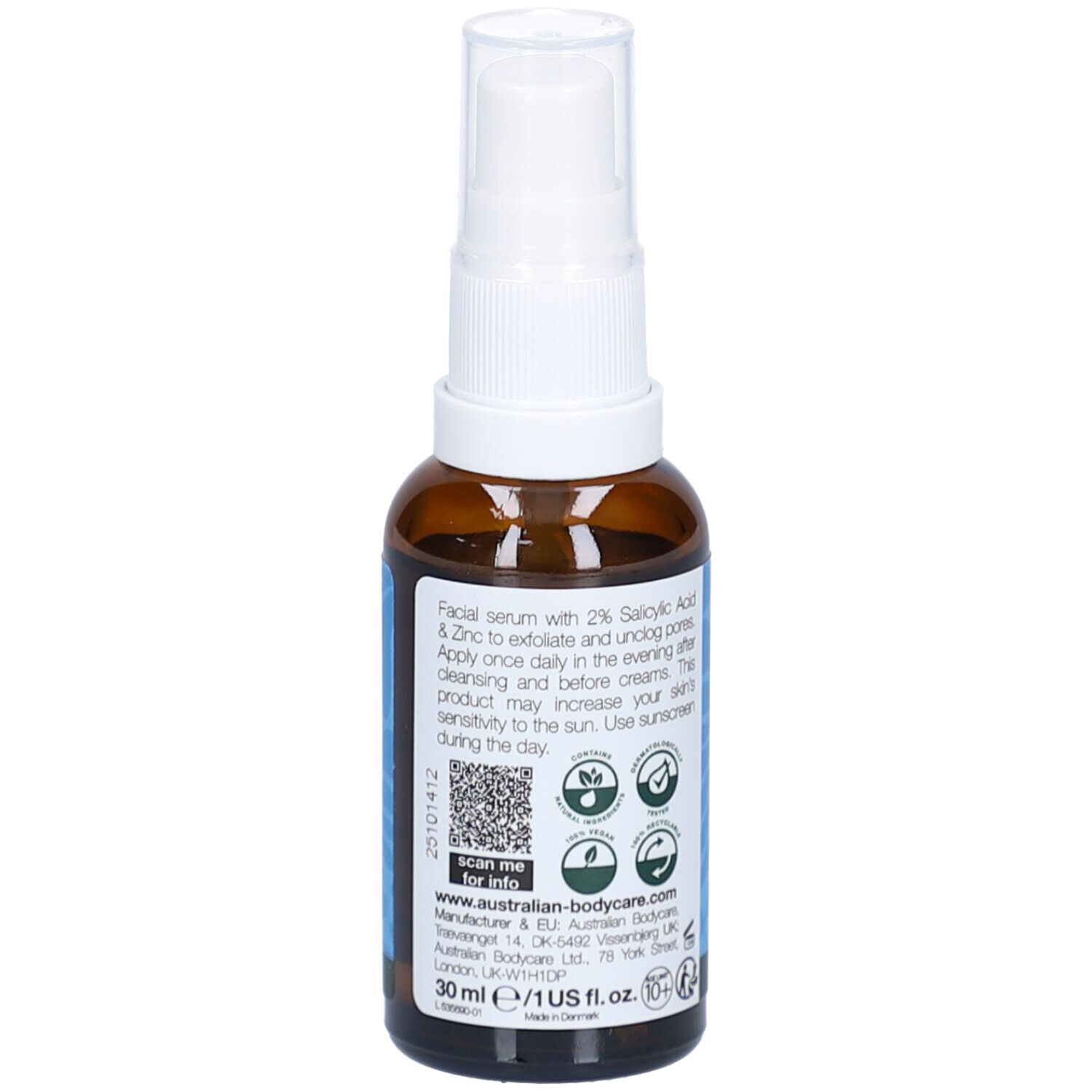 Braune Flasche mit weißem Sprühkopf. Etikett mit Text und Logos. Marke: Australian Bodycare.