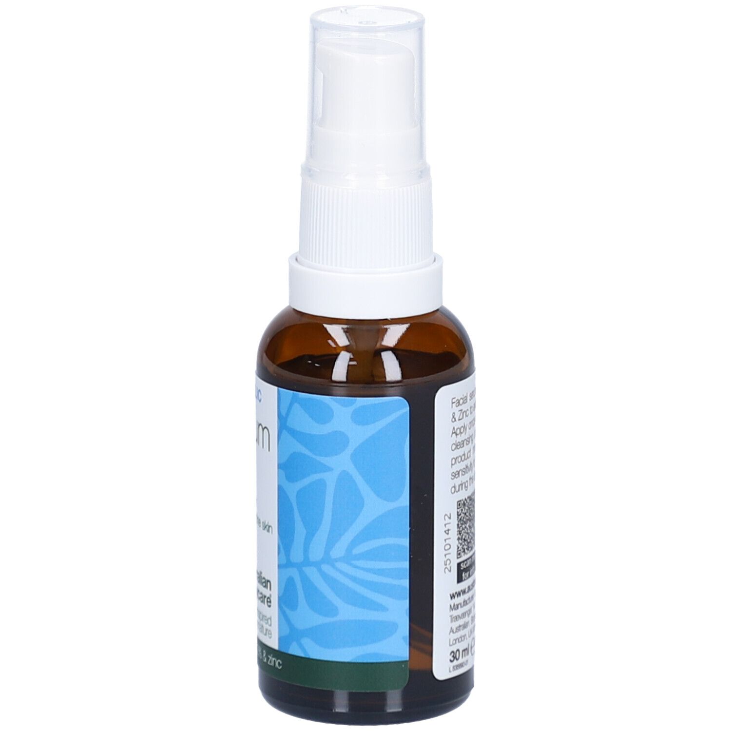 Braune Flasche mit weißem Sprühkopf. Etikett mit Text und Logos. Marke: Australian Bodycare.
