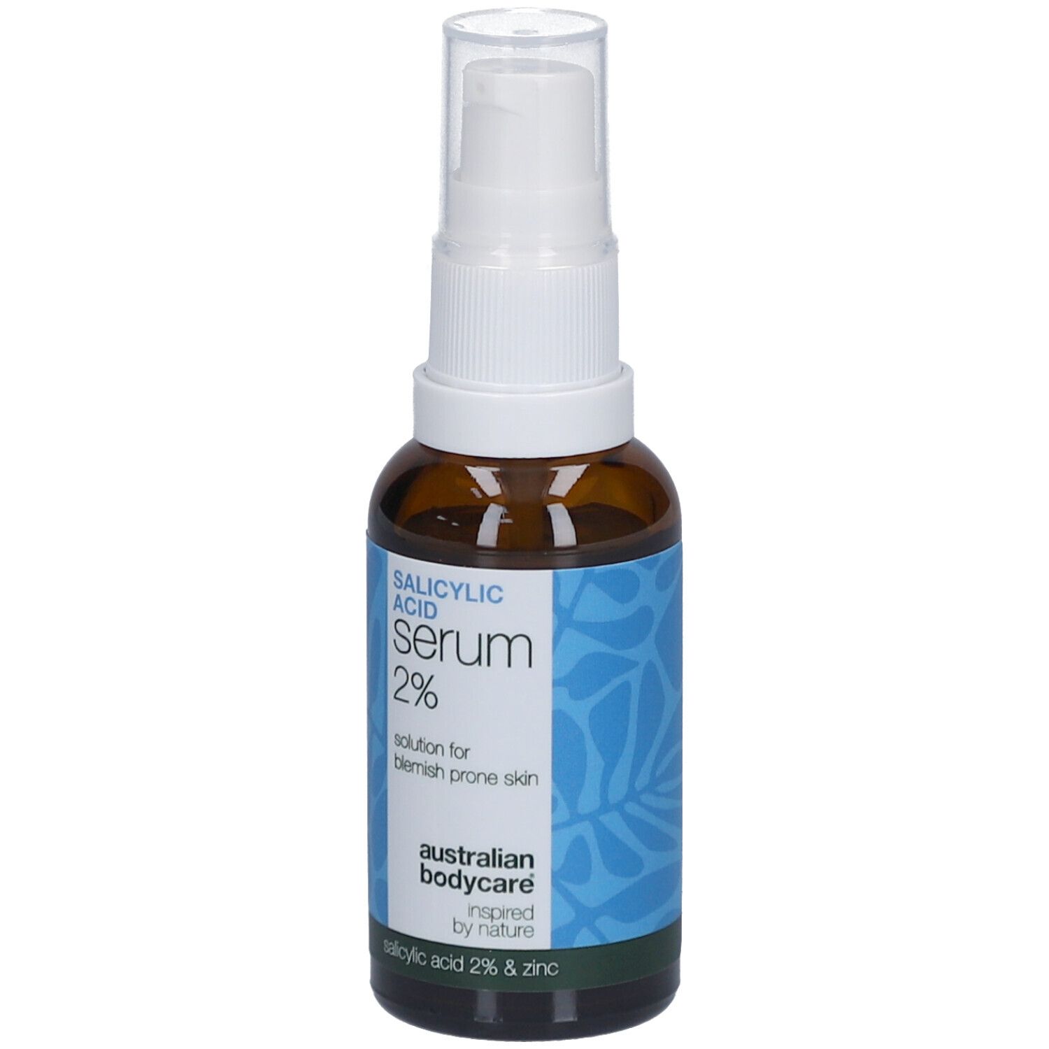 Braune Flasche mit weißem Sprühkopf. Etikett mit Text: Salicylsäure Serum 2%. Marke: Australian Bodycare.