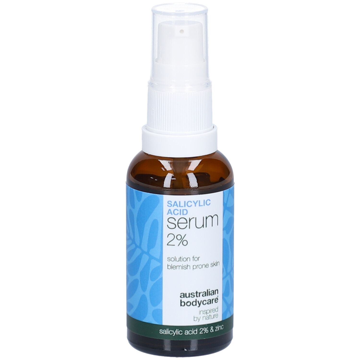 Braune Flasche mit weißem Sprühkopf. Etikett mit Text: Salicylsäure Serum 2%. Marke: Australian Bodycare.