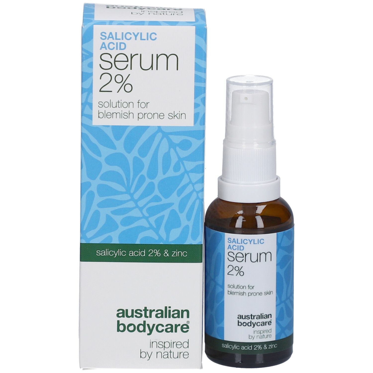 Produktverpackung mit Flasche. Text: Salicylsäure Serum 2%. Marke: Australian Bodycare.