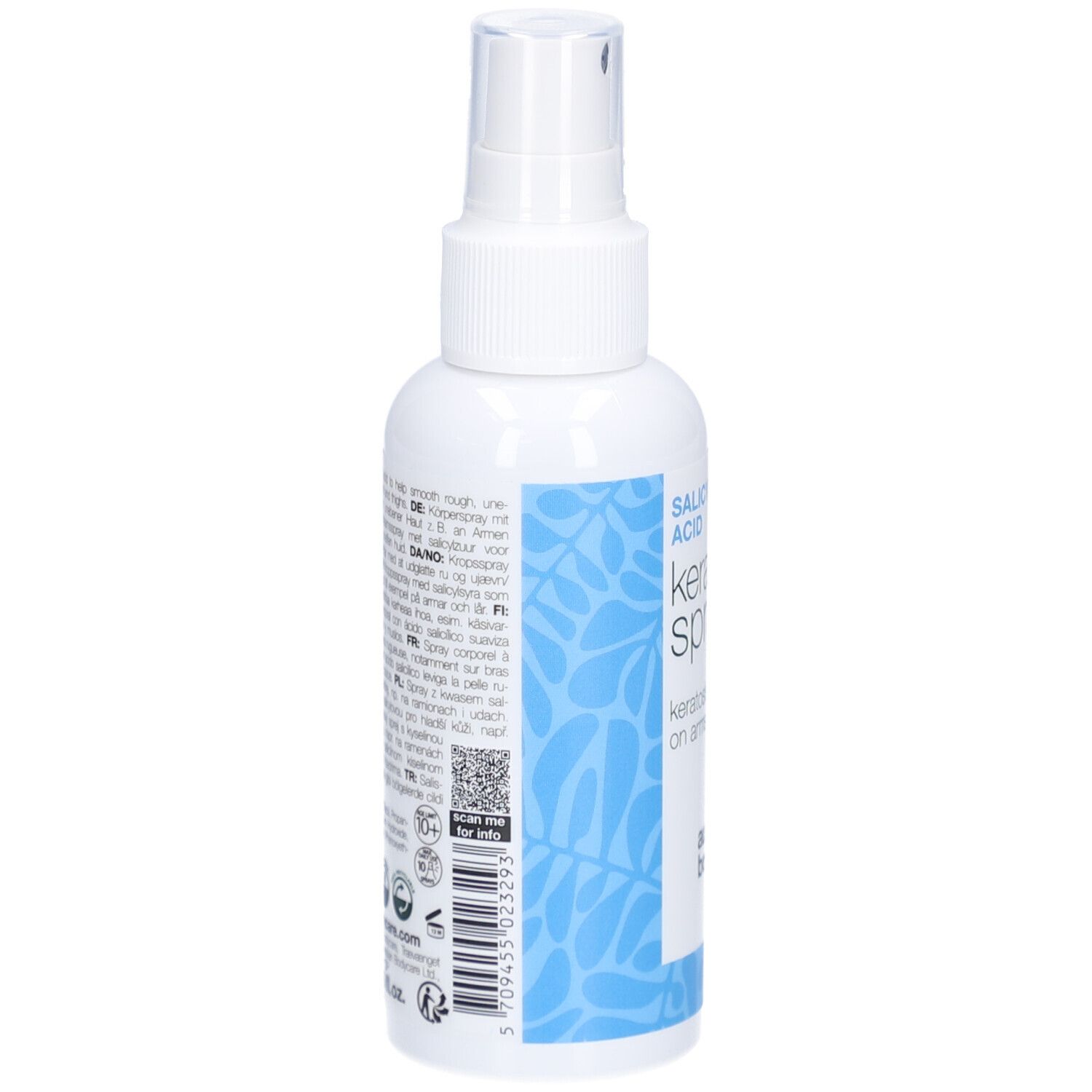 Weiße Sprühflasche. Text: Salicylsäure, Keratosis Spray, Keratosis Pilaris. Rückseite mit Text und QR-Code.