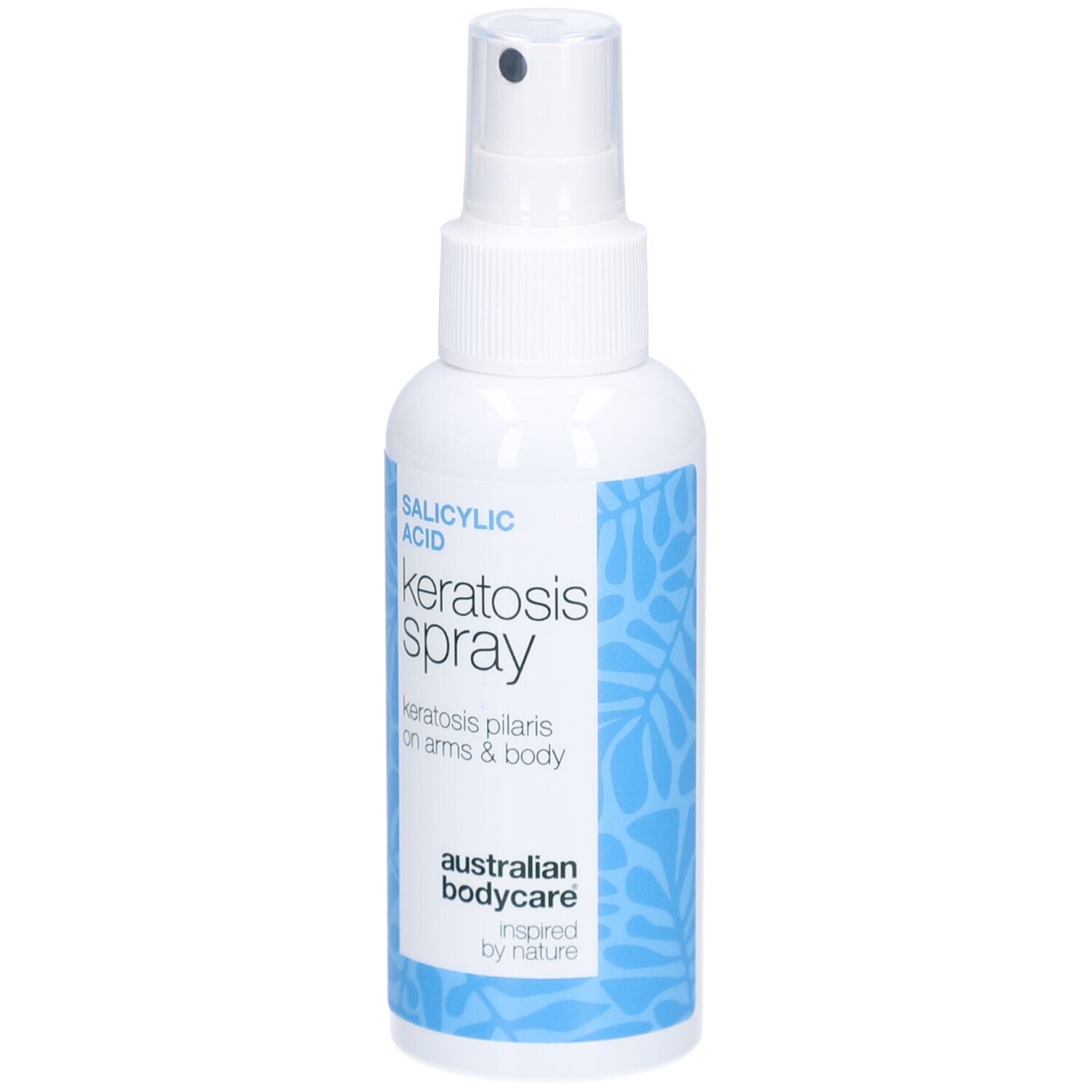 Weiße Sprühflasche. Text: Salicylsäure, Keratosis Spray, Keratosis Pilaris. Marke: Australian Bodycare.