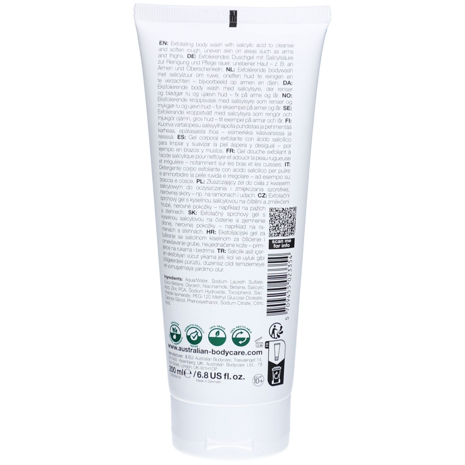Weiße Tube mit Salicylsäure-Peeling-Duschgel. 200 ml.