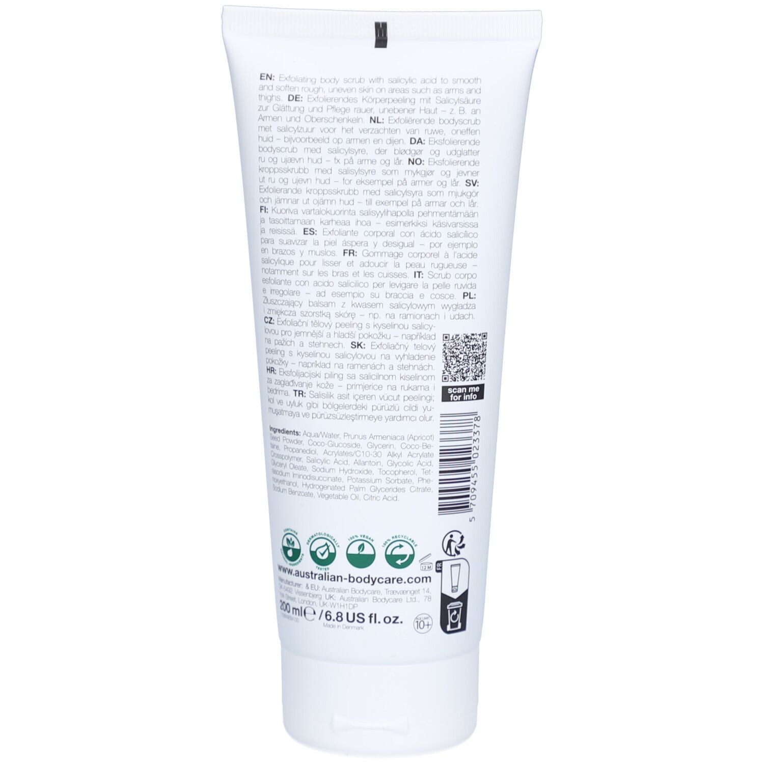 Weiße Tube mit schwarzem Schraubverschluss, Rückseite mit Produktinformationen und Barcode.