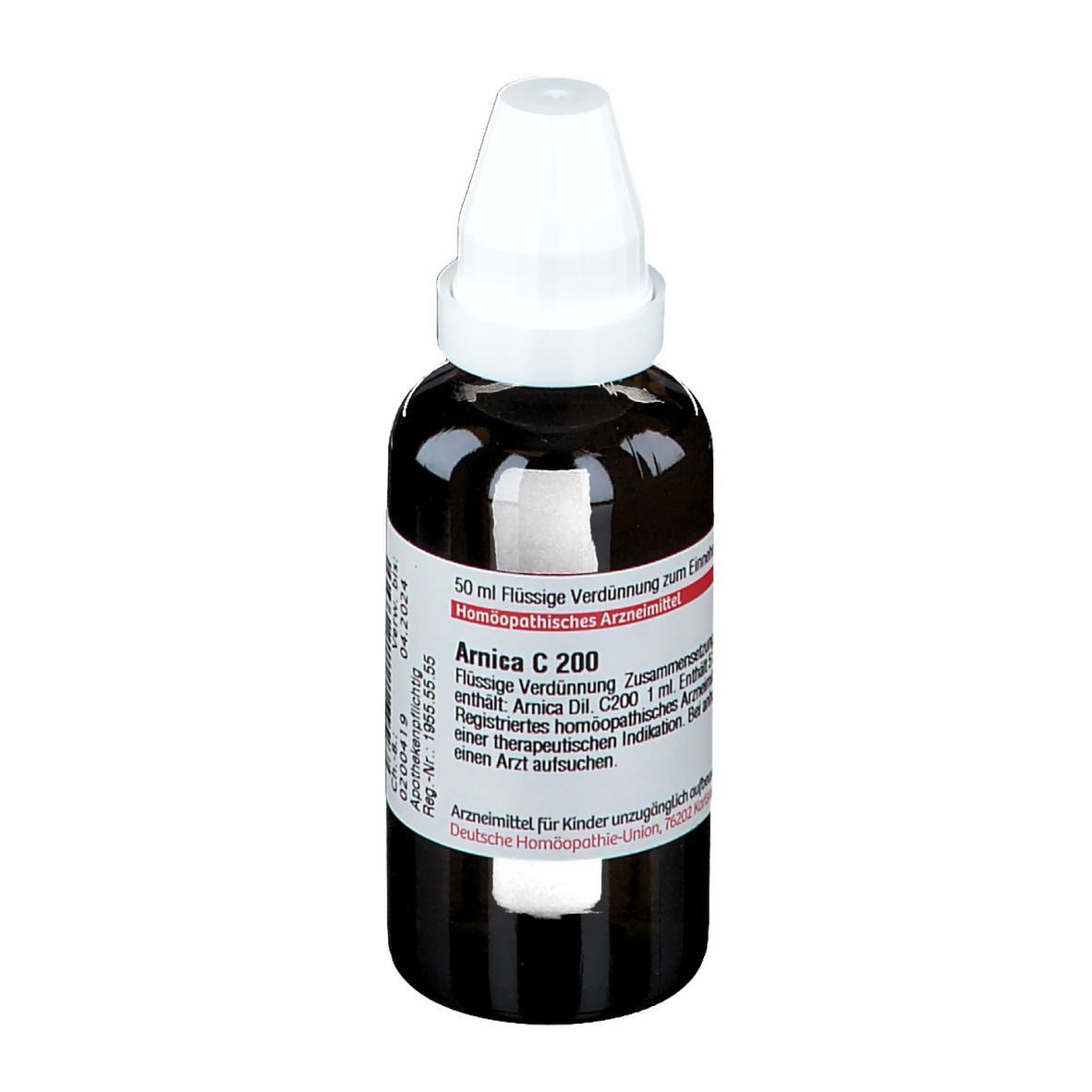 Braune Glasflasche mit weißem Verschluss. Beschriftung: Arnica C 200, 50 ml Flüssige Verdünnung. Apothekenpflichtig.