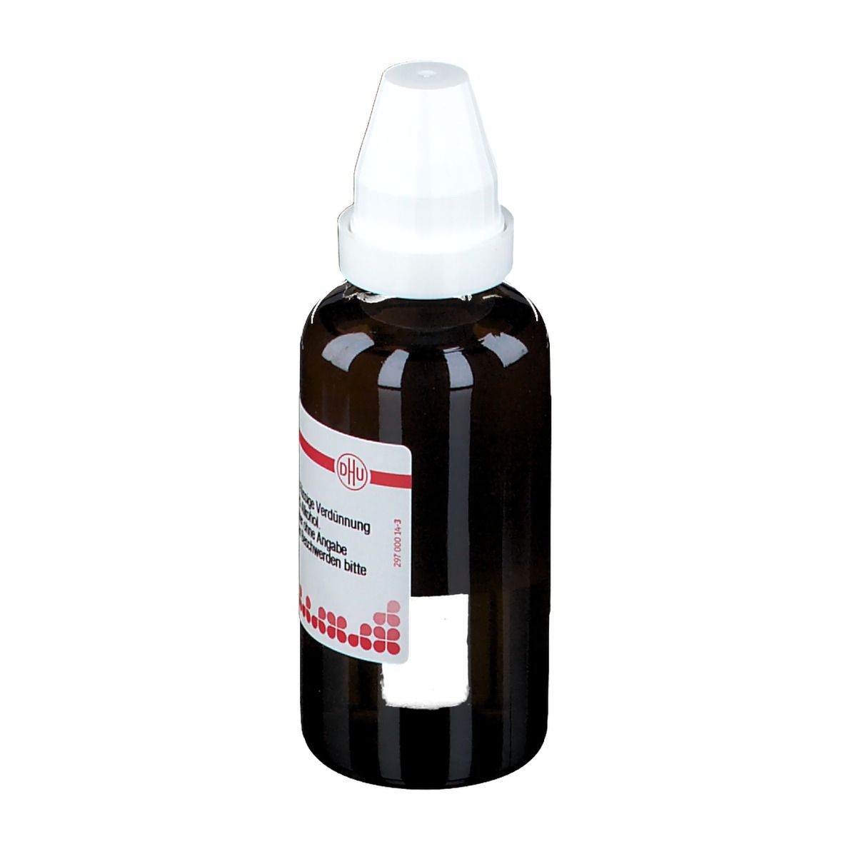 Braune Glasflasche mit weißem Verschluss. Beschriftung: Arnica C 200, 50 ml Flüssige Verdünnung. DHU Logo.