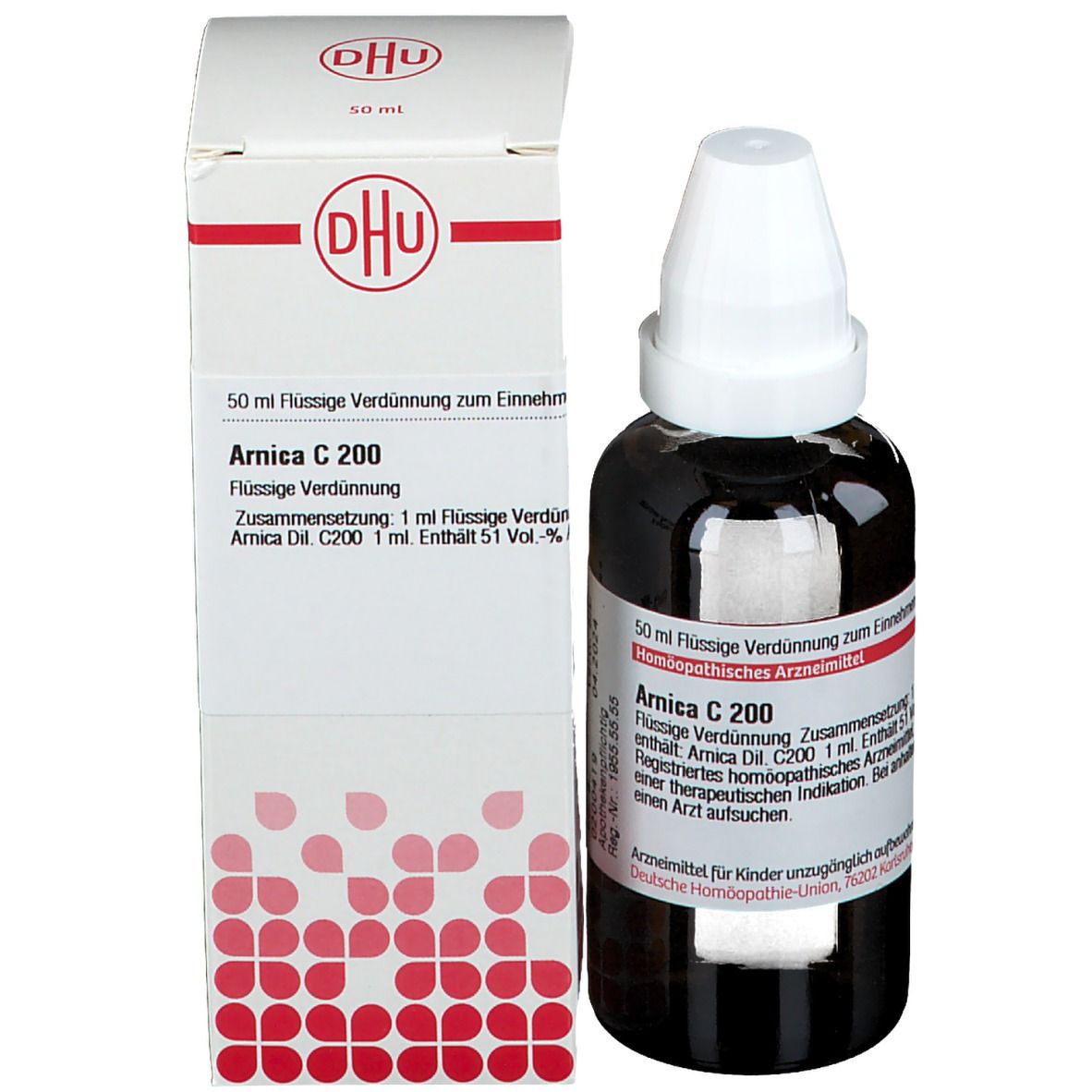 Produktverpackung mit Flasche. Aufschrift: Arnica C 200, 50 ml Flüssige Verdünnung. DHU Logo. Mit Beipackzettel.