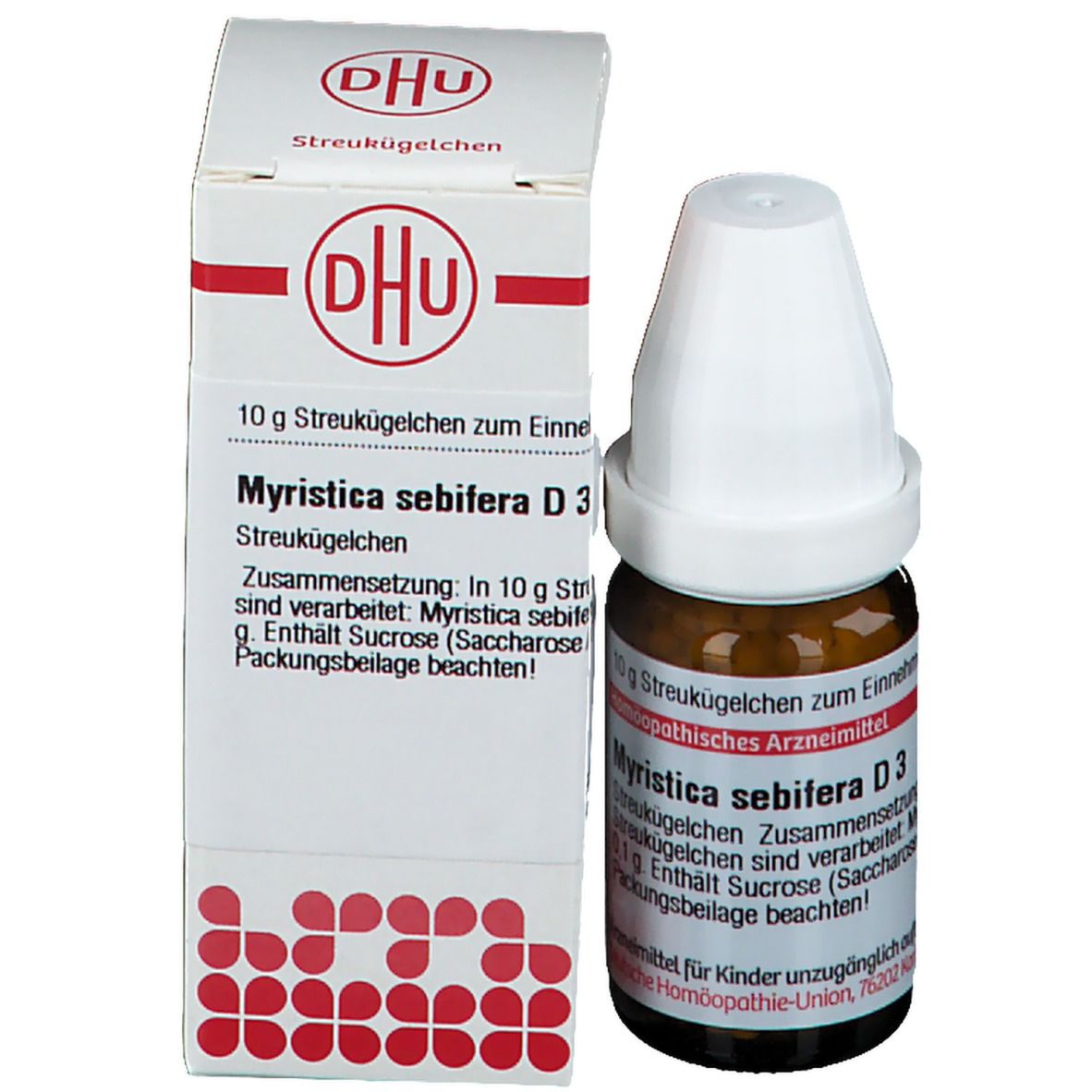 Produktverpackung mit Flasche und Karton. Aufschrift: DHU, Myristica sebifera D3, Streukügelchen.
