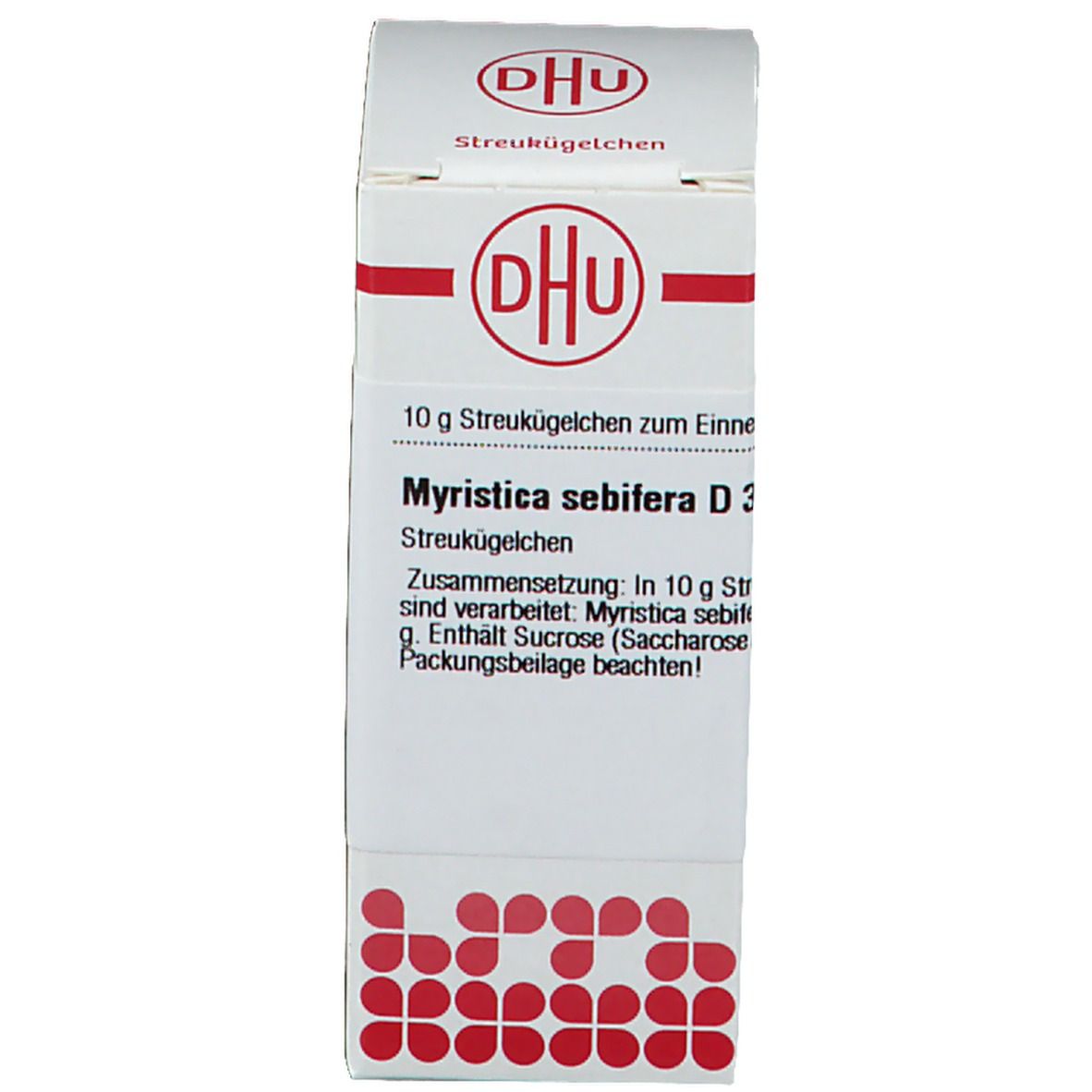 Produktverpackung, Karton. Aufschrift: DHU, Myristica sebifera D3, Streukügelchen.