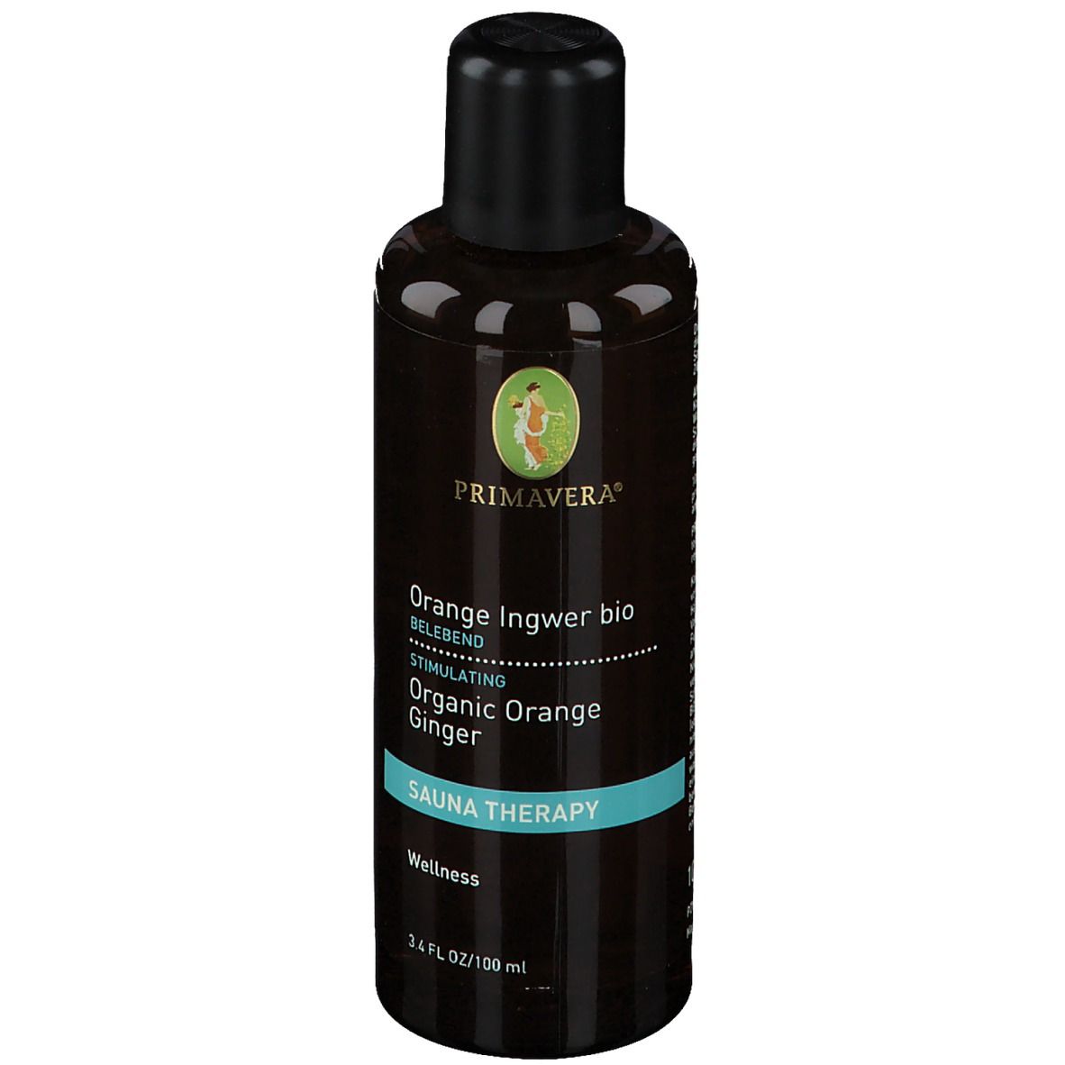 Braune Flasche mit schwarzem Deckel. Aufschrift: Orange Ingwer bio, Sauna Therapy, PRIMAVERA® Logo.