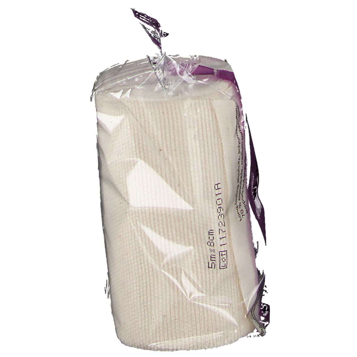 Verpackte Binde, teilweise sichtbar. Aufschrift: 5 m x 8 cm. Lila Streifen auf der Verpackung.