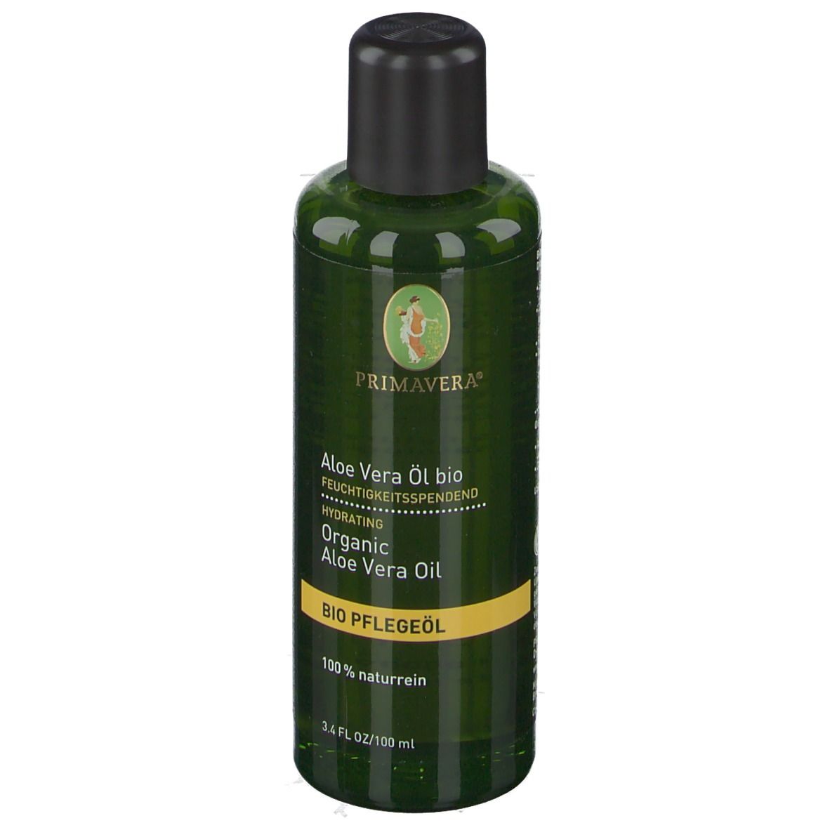 Grüne Flasche mit schwarzem Deckel. Beschriftung: PRIMAVERA, Aloe Vera Öl bio, BIO PFLEGEÖL.
